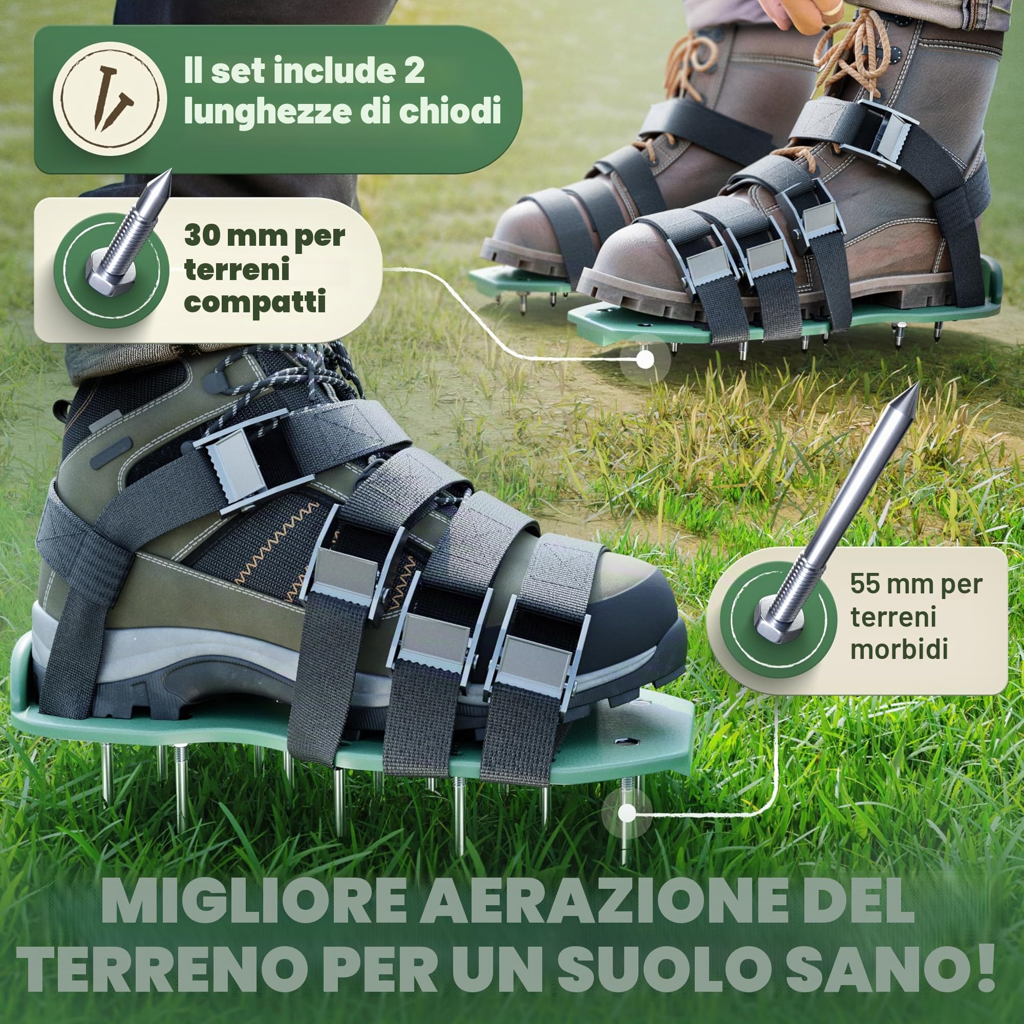LAINFELD Aeratore per prato | Scarpe per unghie con chiodi corti e lunghi | Aeratore per prato con 4 cinghie | scarificatore per prati | Aerifizzatori scarpe da giardino