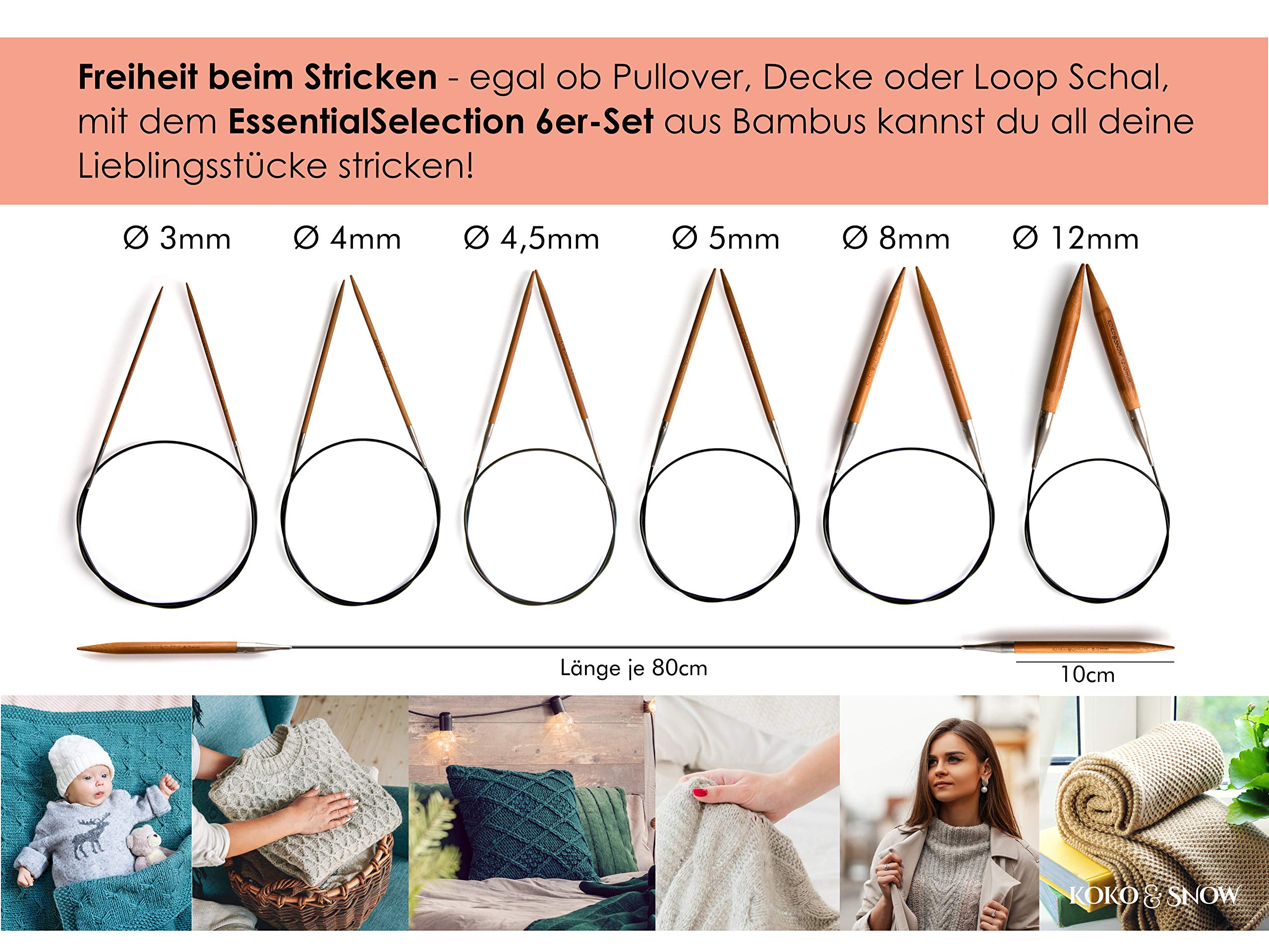 KOKO & SNOW Rundstricknadel Set - Bambus mit inspirierenden Sprüchen - 6er Stricknadeln Set (ohne Sprüche)