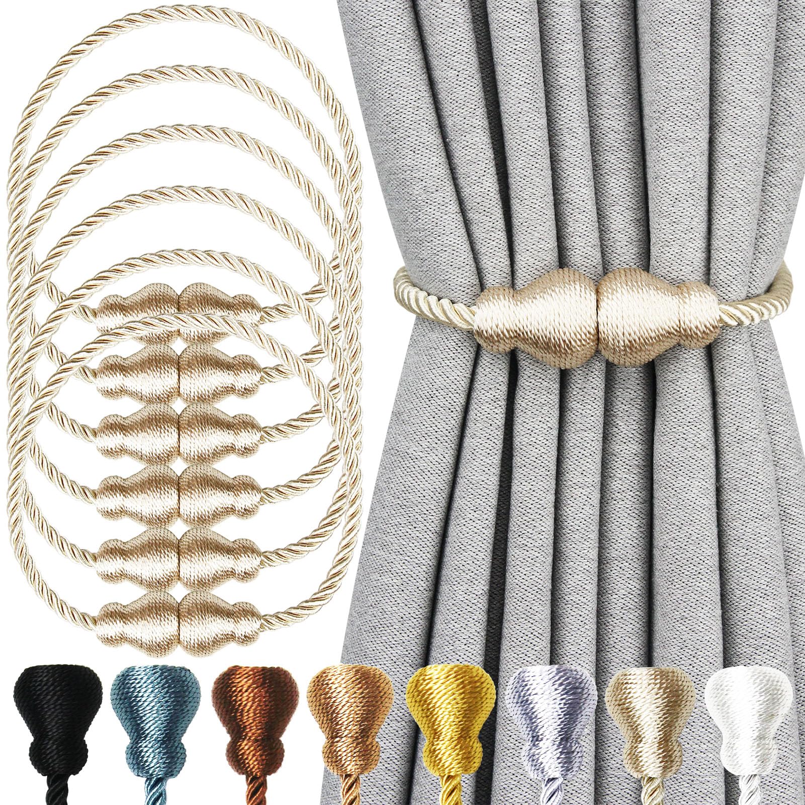 Nieffeiy Magnetic Curtain Tiebacks Outdoor Curtain Tie Backs Rope Decorative Magnetic Curtain Holders for Drapes Window Treatment Holdbacks, Beige 6Pack