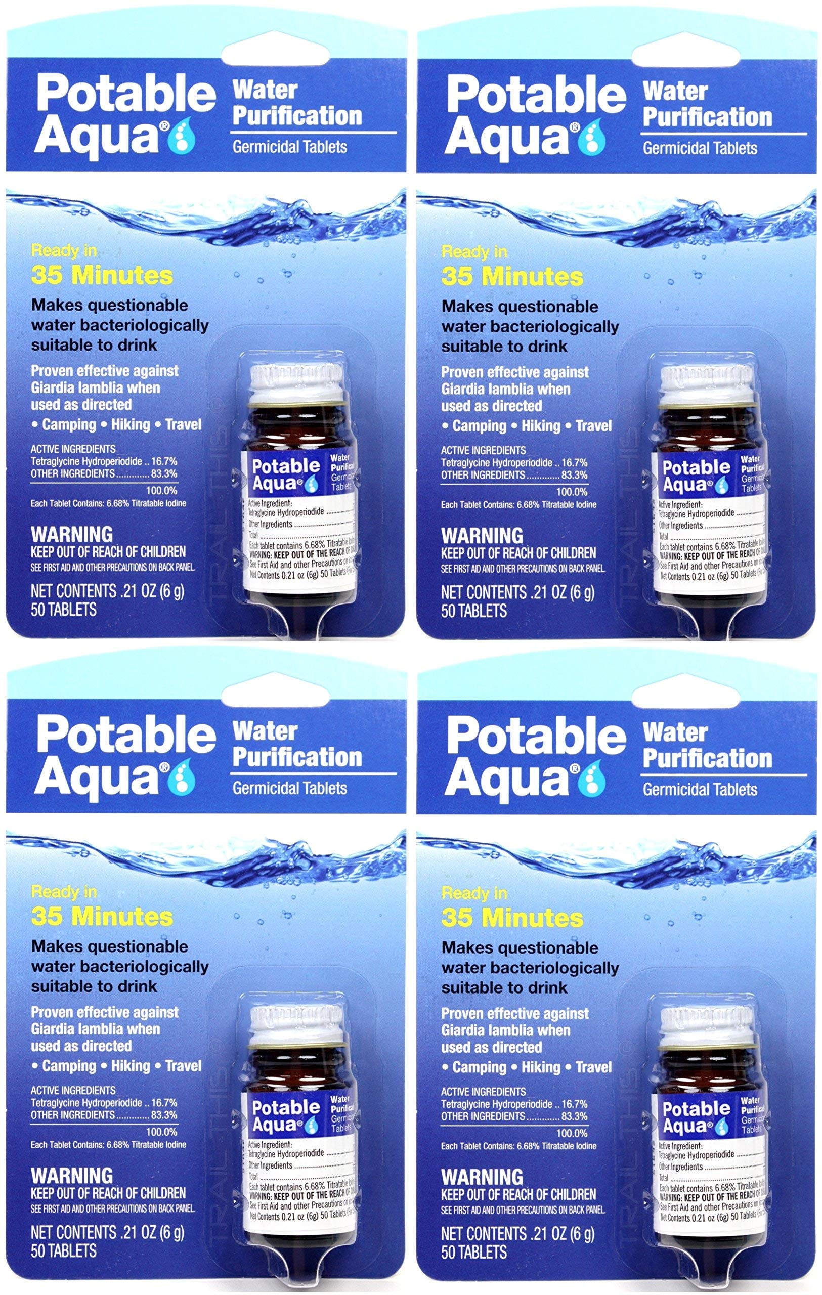 Potable Aqua Water Purification Iodine Tablets 4 Bottles with 50 Each