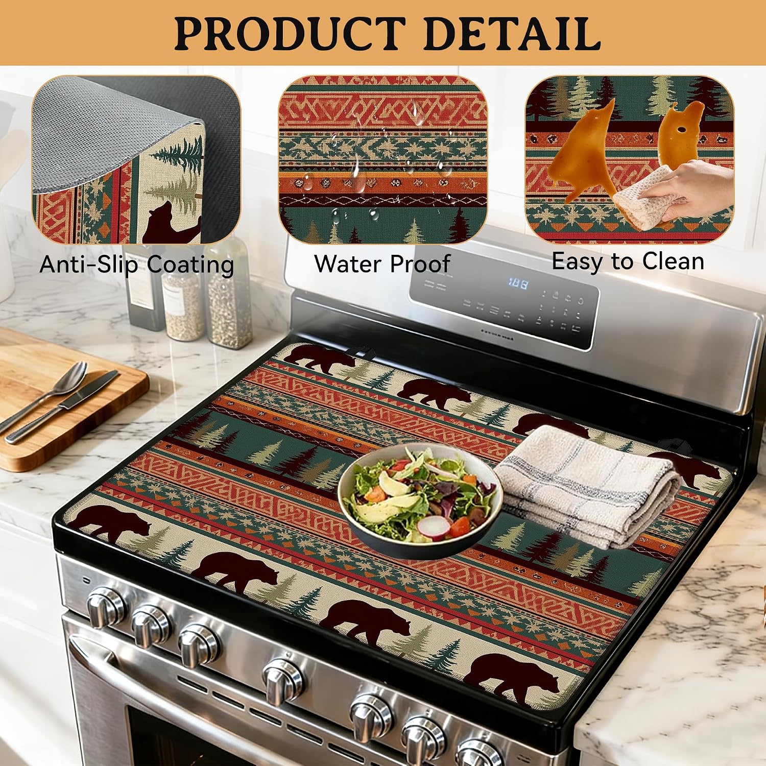 Anti-Slip Electric Stove Top Cover, 28"x20" Foldable Heat-Resistant Glass Stove Cover, Multi-Scenario Use Dish Drying Mat, Rustic Bear thumbnail