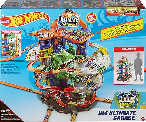 Miniatura 7 de Hot Wheels Juego de pistas el mejor juego de vehículo de juguete de garaje con dinosaurio T-Rex en movimiento almacenamiento para más de 100