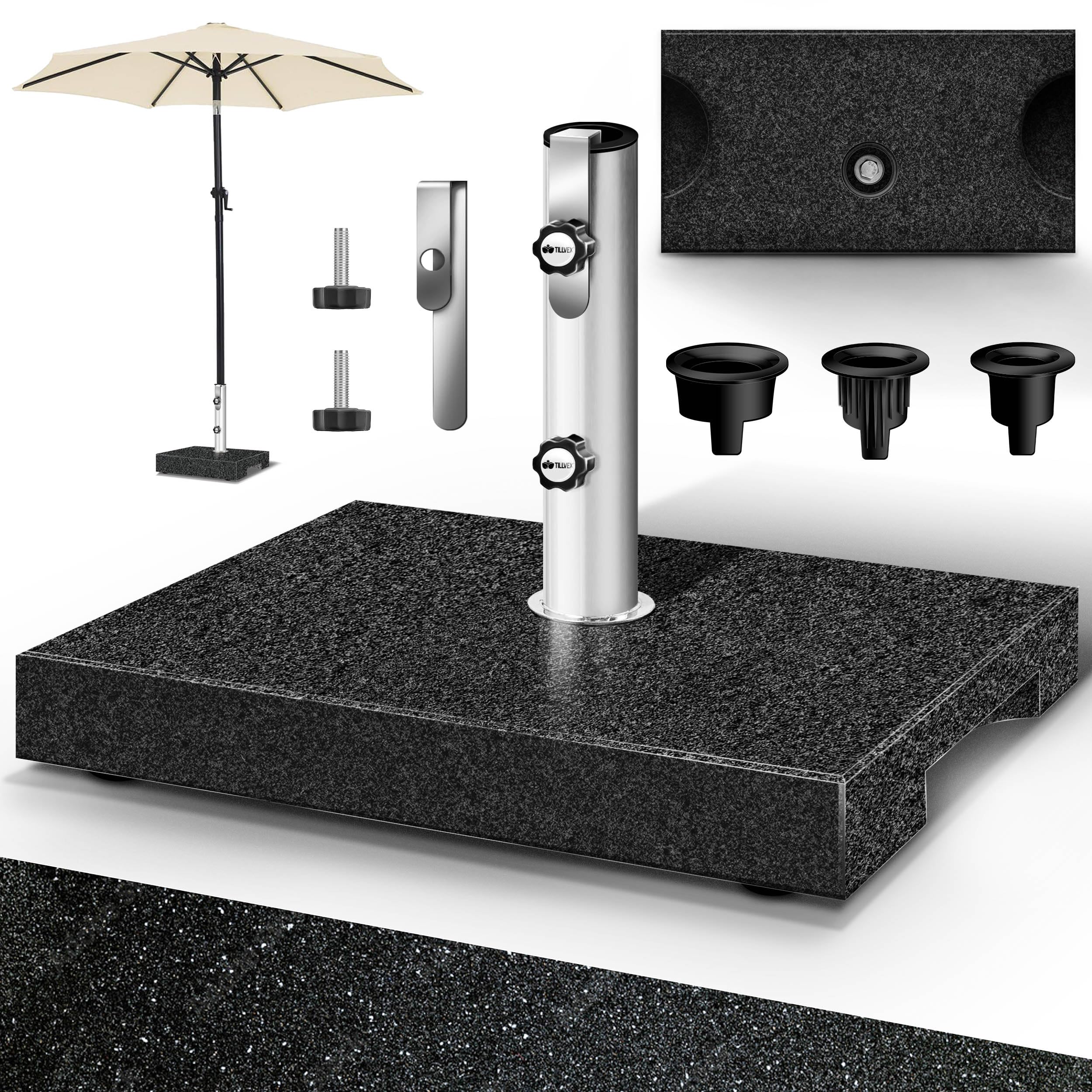 tillvex® Granit Sonnenschirmständer mit Transportgriff 25 kg Rechteckig | Schirmständer Sonnenschirm mit Edelstahlrohr | Balkonschirmständer für Schirmstöcke 16-48 mm & 250 cm Schirmdurchmesser