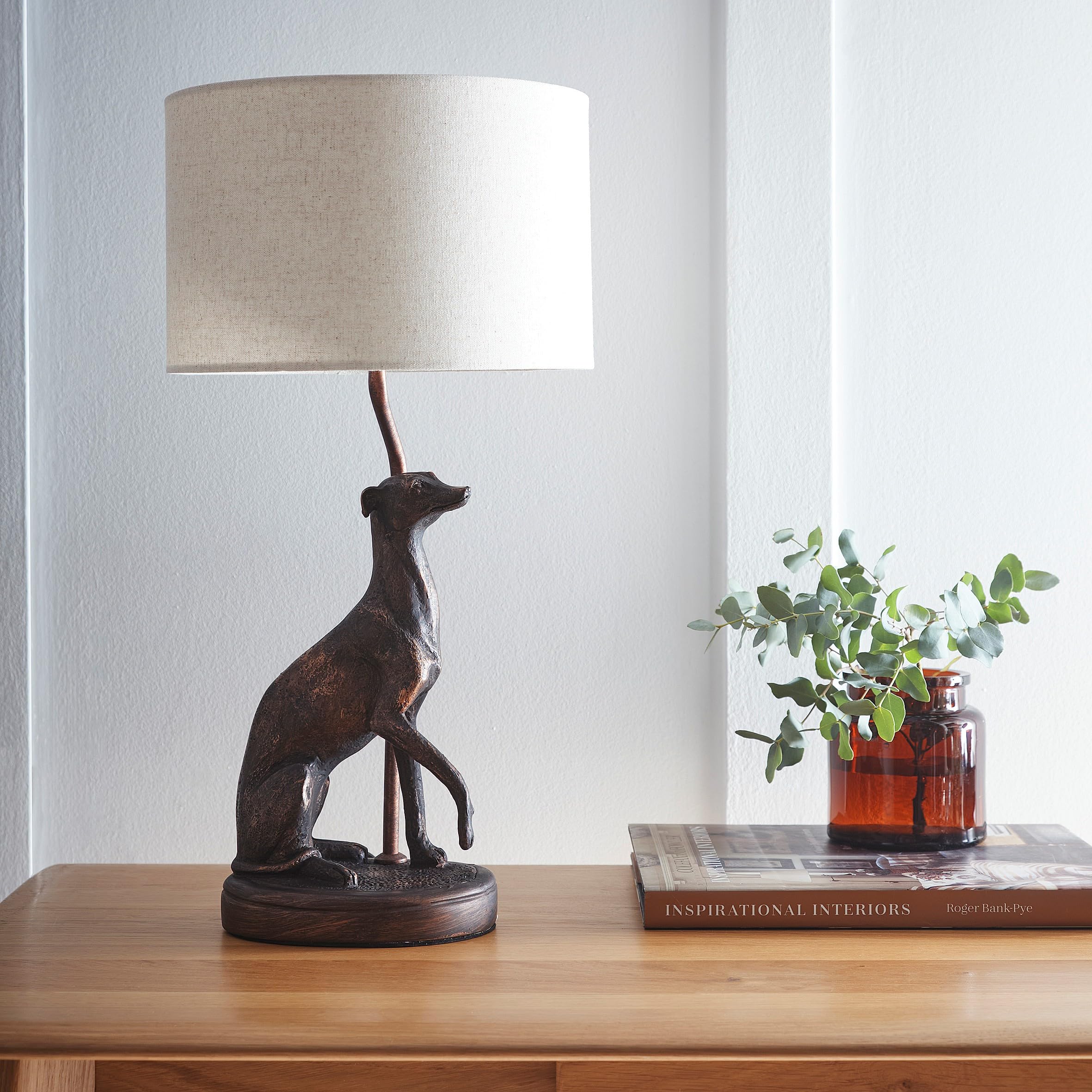 Greyhound Antique Copper Resin Table Lamp with Linen Shade Elegant Everyday Lighting Solution for Any Room in Your Home | Perfect for Bedside, Console, and Entrance Tables
