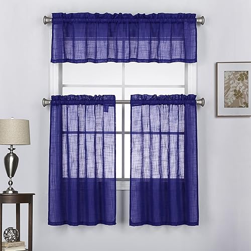 Miniatura 17 de Juego de 3 cortinas de lino con textura de lino y cenefa para ventana de café, cocina, 36 pulgadas de largo, color gris