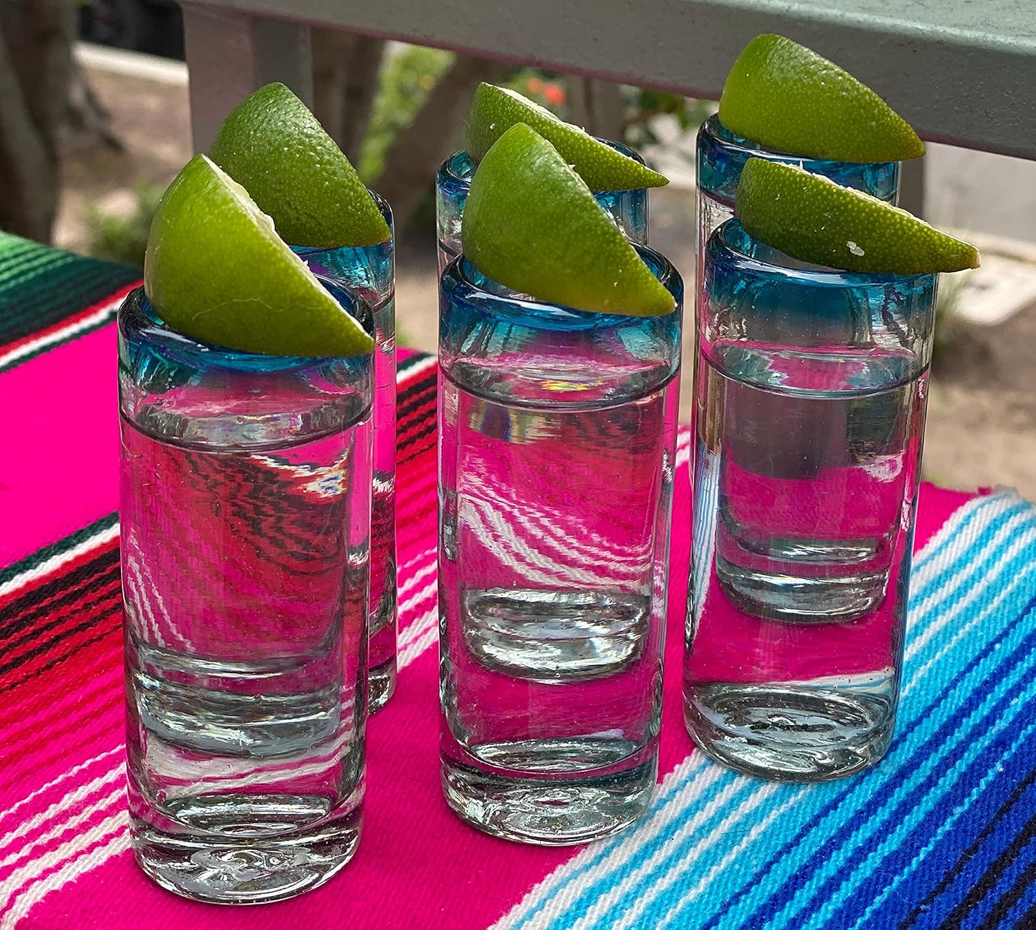 Dos Sueños Hand Blown Mexican Tequila Shot Glasses – Set of 6 Aqua Rim Tequila Shot Glasses (2 oz each) … - Image 2
