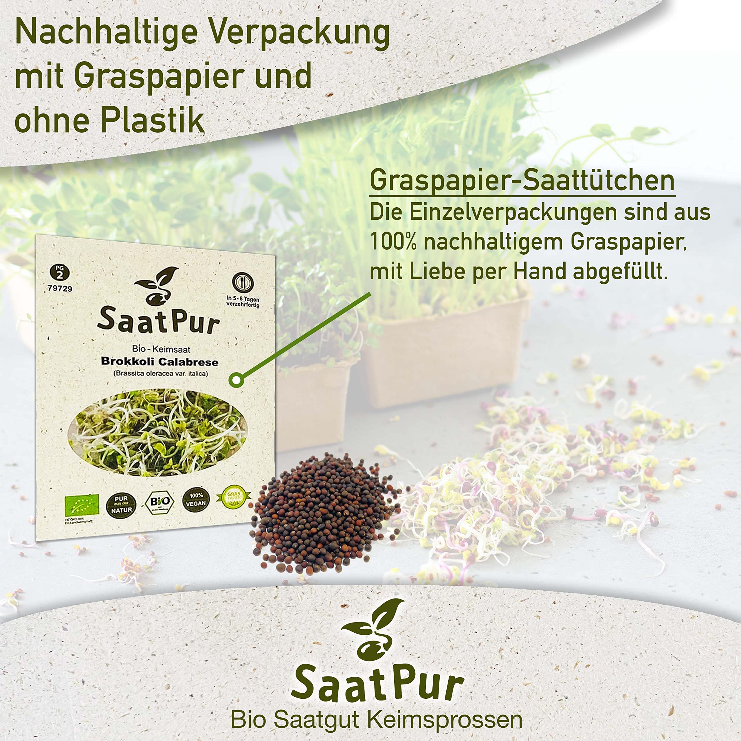 SaatPur Bio Keimsaat - Brokkoli Keimsprossen Sprossen Microgreen - 20 g Lebensmittel Qualität