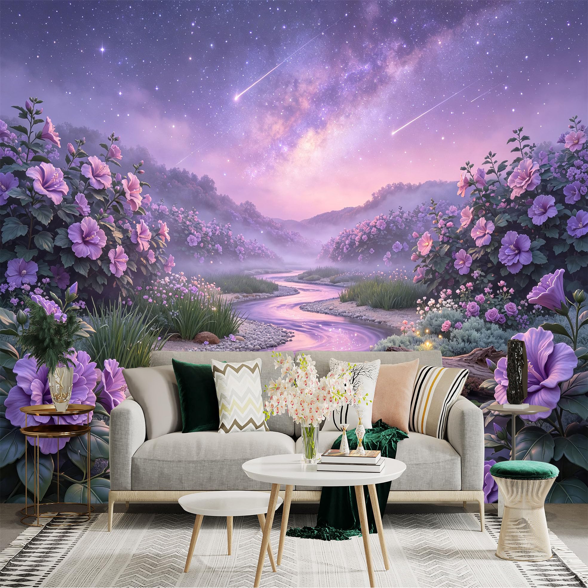 Lnzczhyre Bh260719509 Custom Size Wall Sticker Mural， Purple Floral River Landscape， Ethereal Misty Valley， Glowing Milky Way Galaxy， For Wall Decoration， Peelandstick Wall Decals.