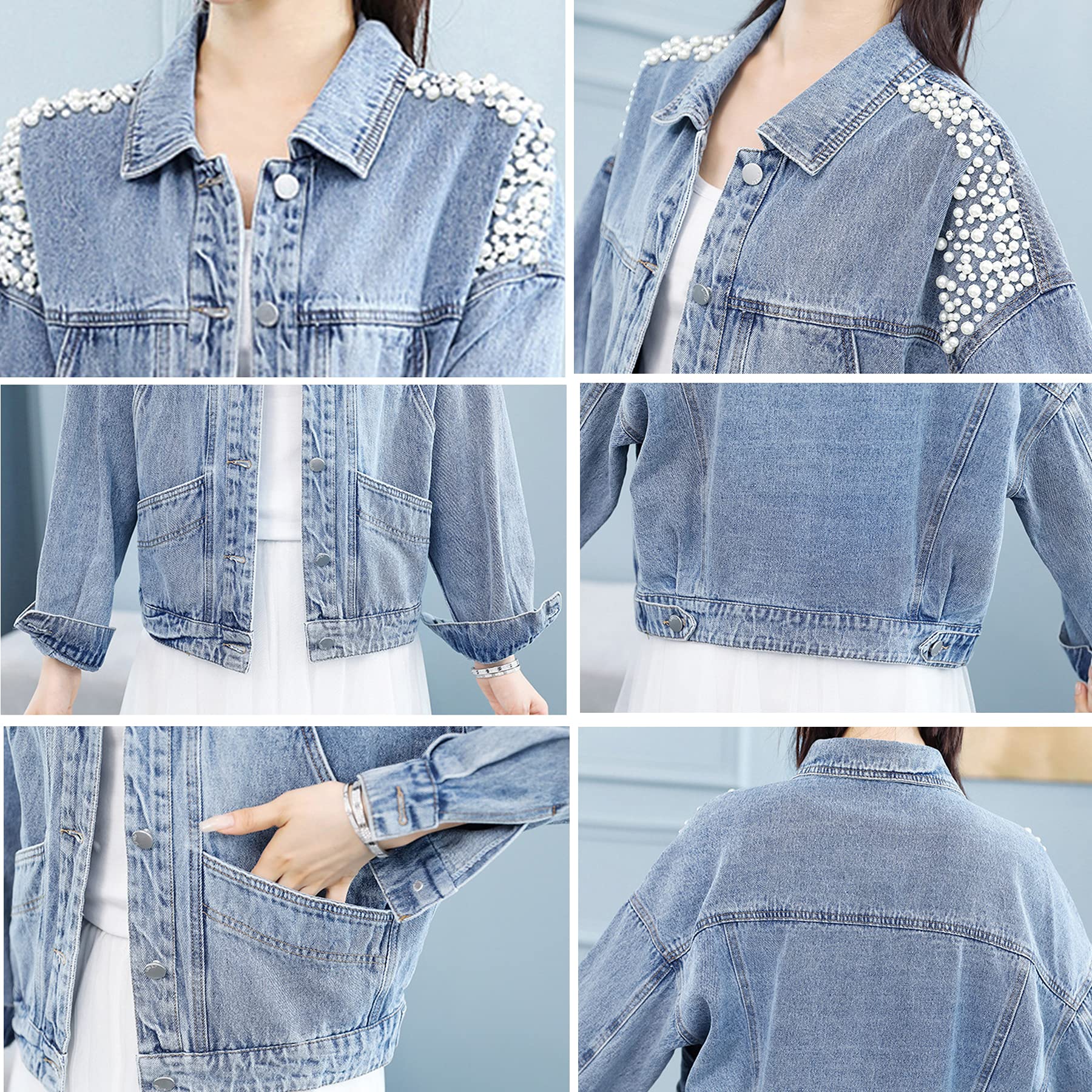 Ainangua Chaqueta de mezclilla recortada para mujer, de gran tamaño, desgastada, corta, bordada, para novia