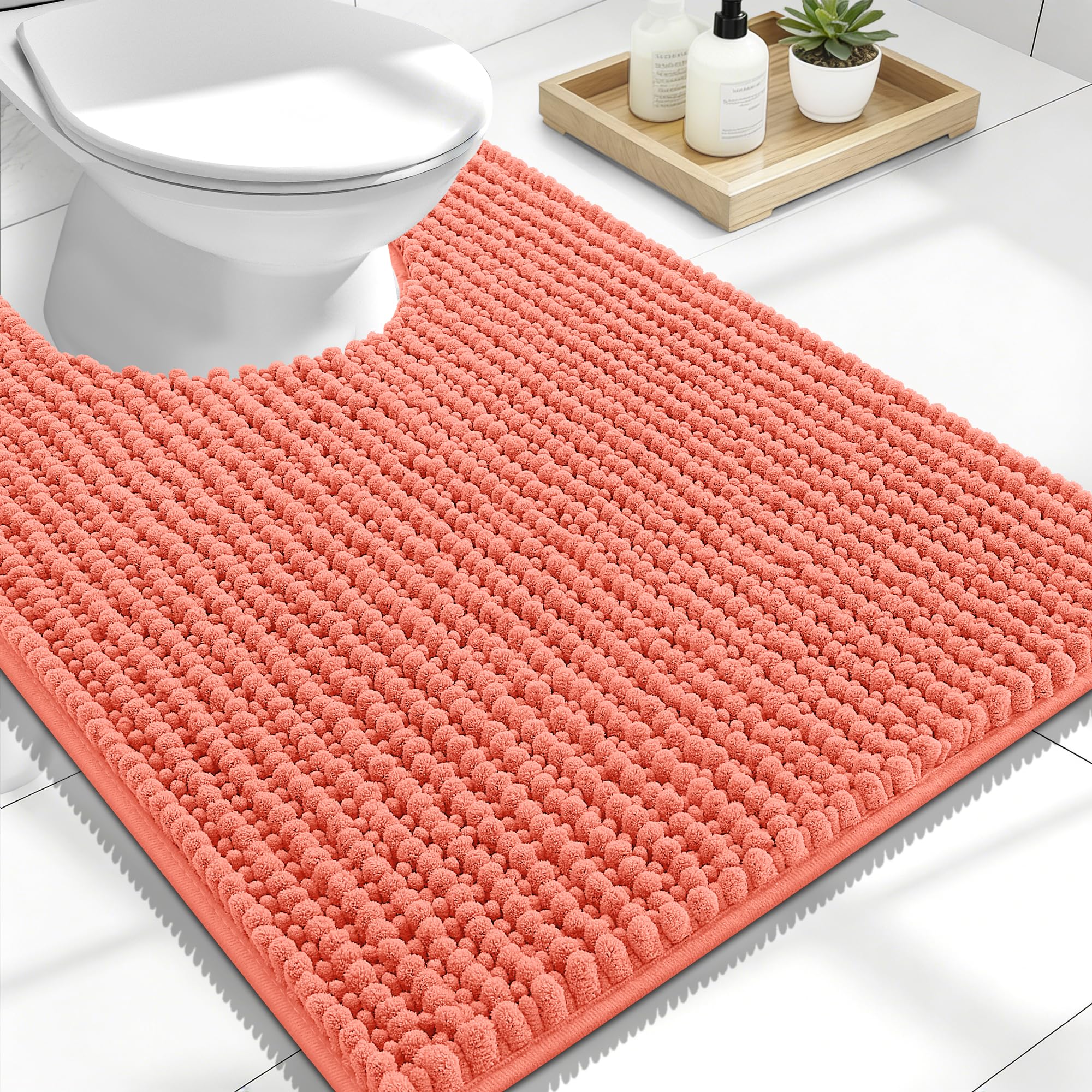 OLANLY Thick Chenille Toilet Rugs U-Shaped 24x20, Coral
