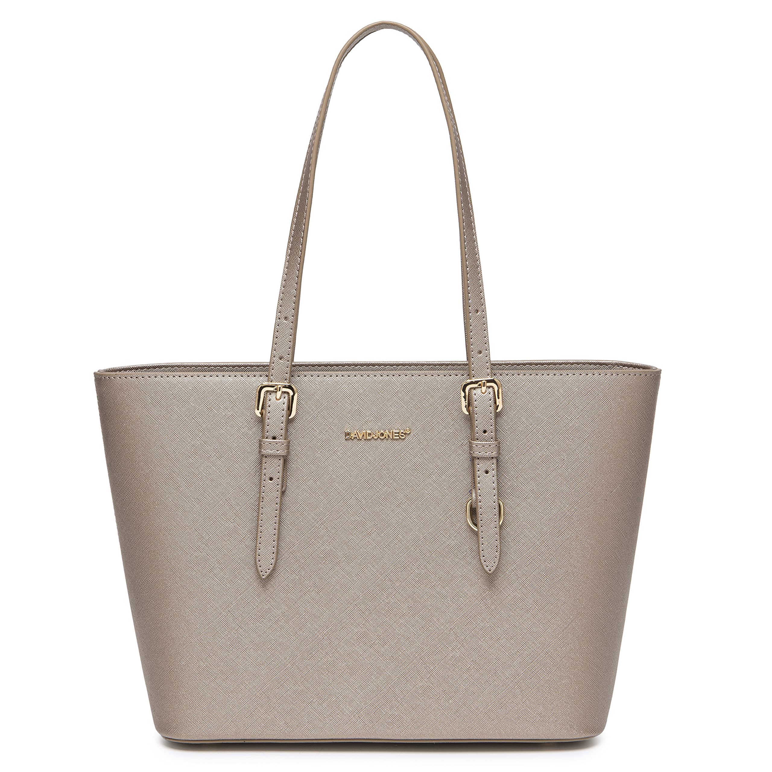 David JonesWomen's Shopping Handbag - Shoulder Bag - PU Leather Long Handle - Shopper Capacity Medium Size - Elegant City Bag - Silver