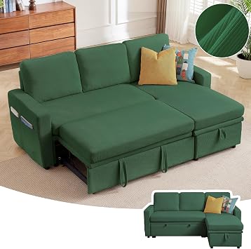 Pull Out Sleeper Sofa Bed, 2 in 1 Pull Out Comfy Corduroy Couch with Storage & Side Pocket, Convertible L Shaped Couch Bed for Living Room, Apartment, Green