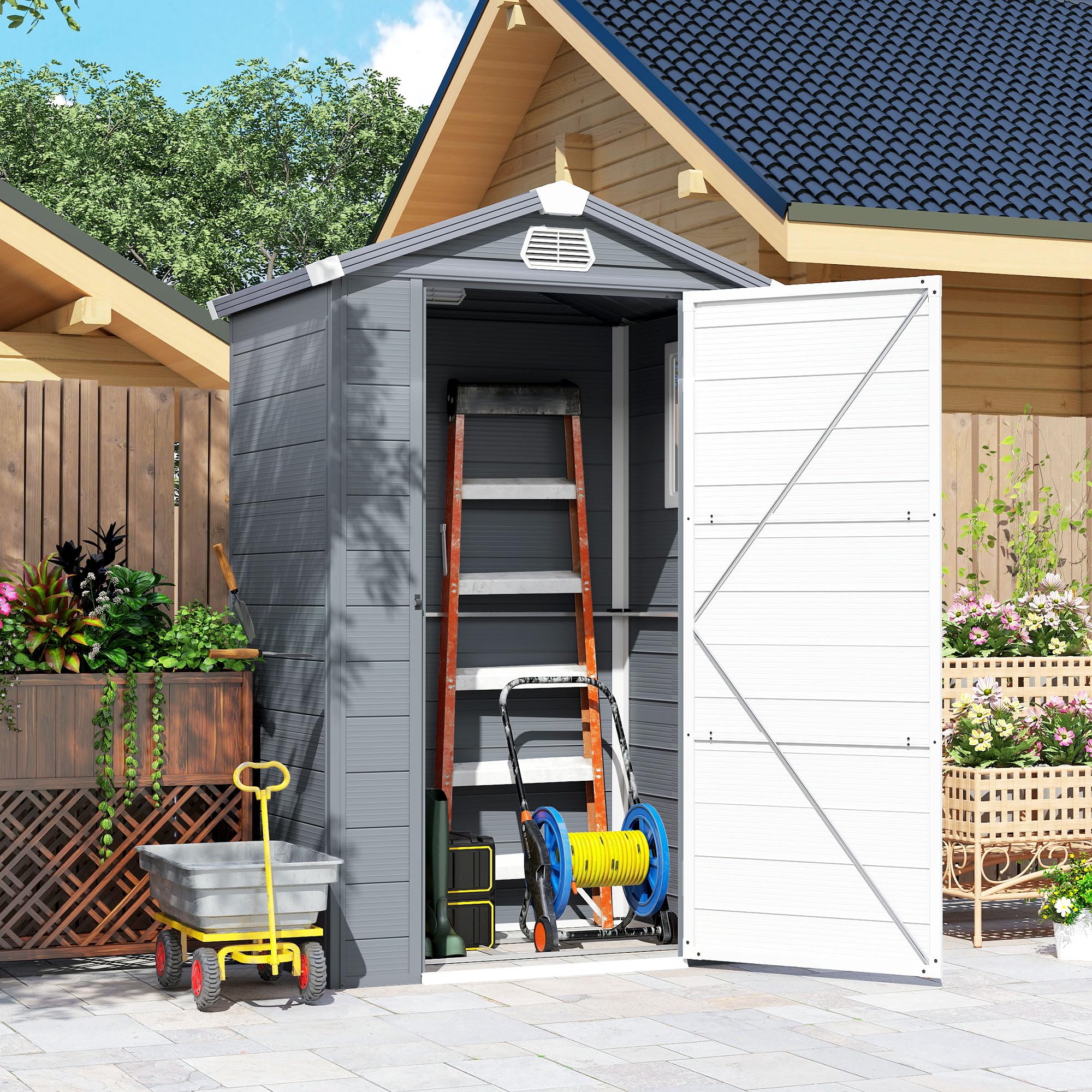 Outsunny Domek na narzędzia 1,1 m², szopa na narzędzia z dachem dwuspadowym, 133 x 102 x 208 cm, szopa z tworzywa sztucznego, z zamykanymi drzwiami, otworem wentylacyjnym, fundamentem, do ogrodu