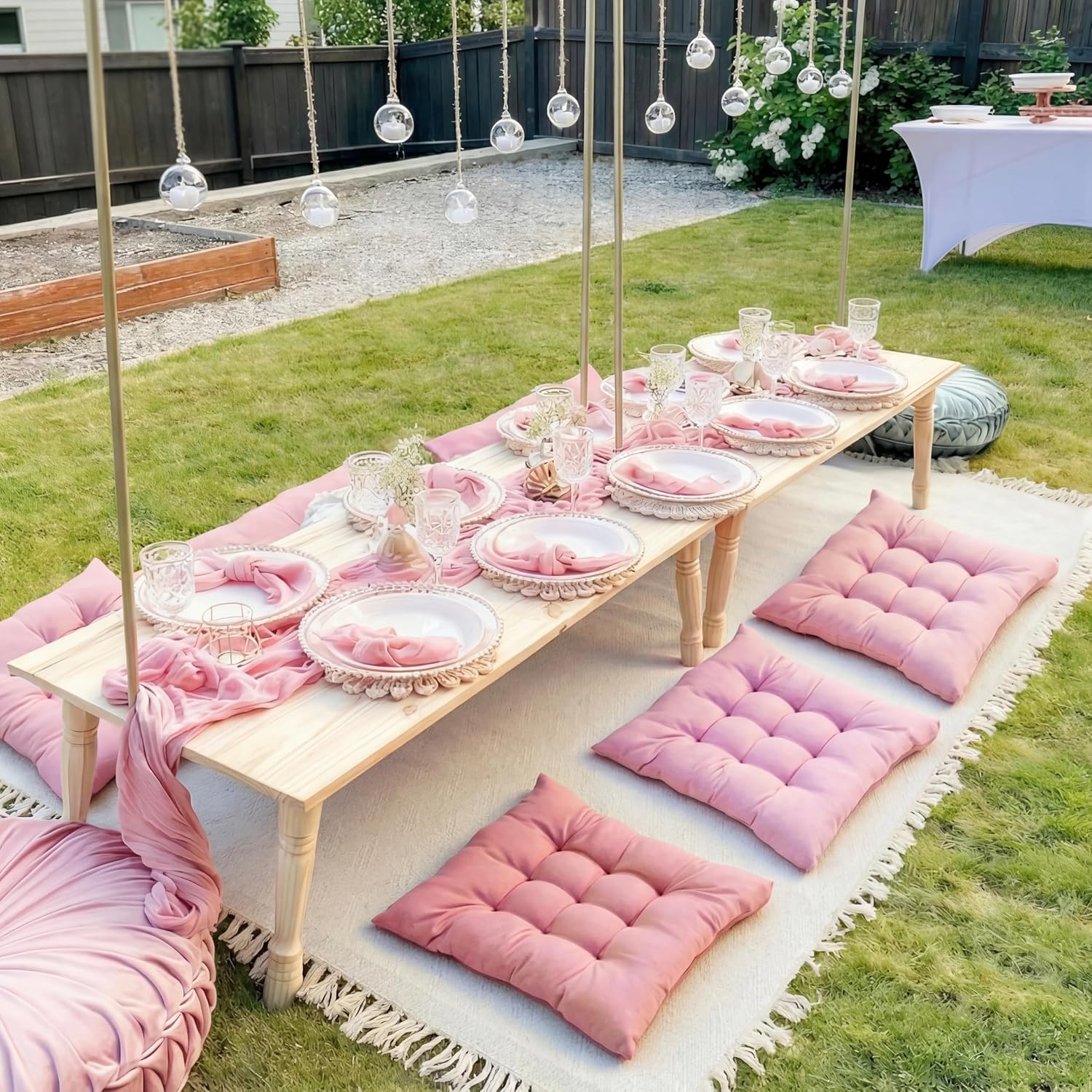 Extra Large Outdoor Picnic Blanket with Table Runner and Floor Pillow Cushion for Picnic Wedding Birthday Baby Shower Backyard Decor(91 x 71'',Pink,8 Pcs)