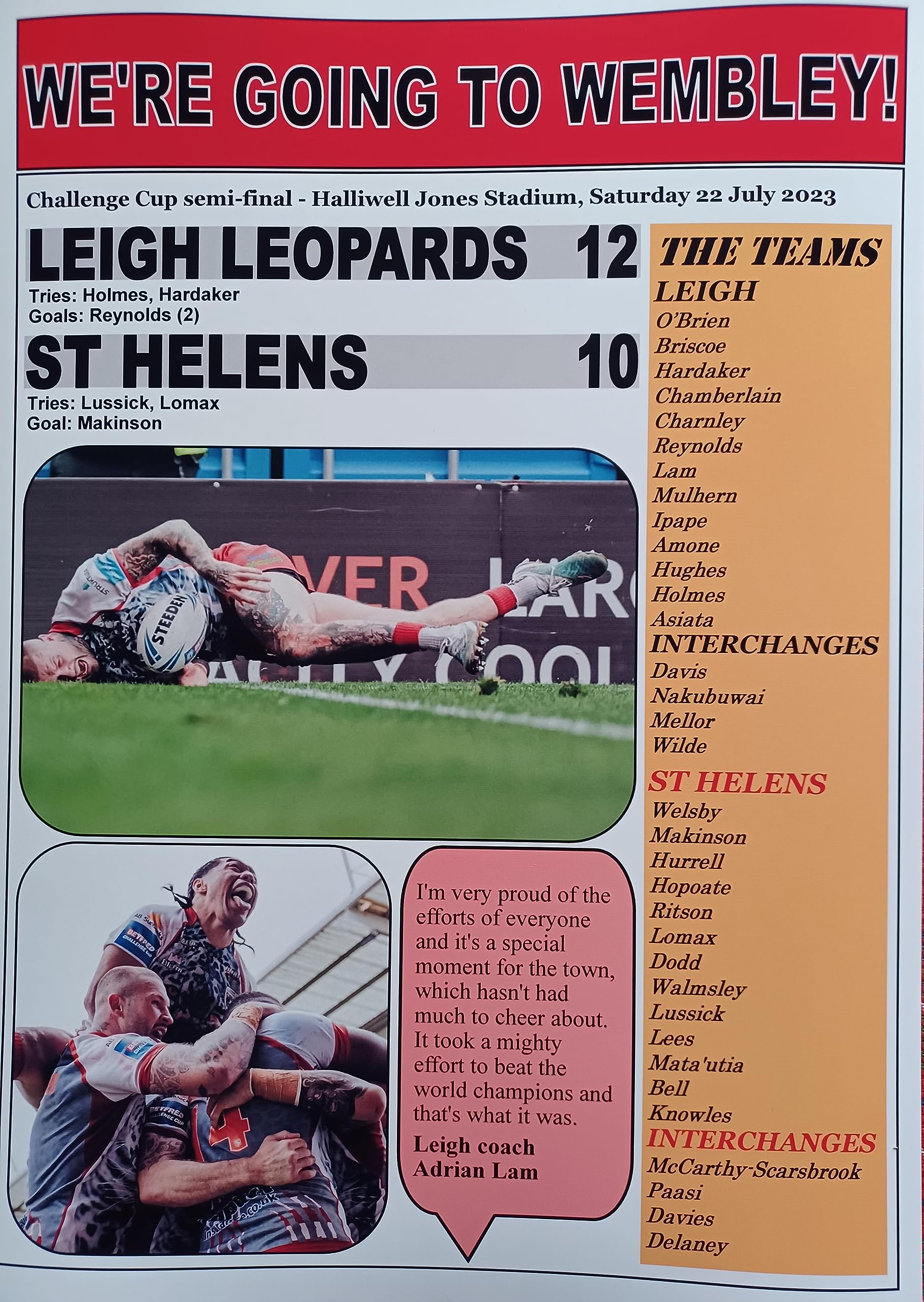 Multicoloured Leigh Leopards 12 St Helens 10-2023 Challenge Cup Semi-Final - Souvenir Print