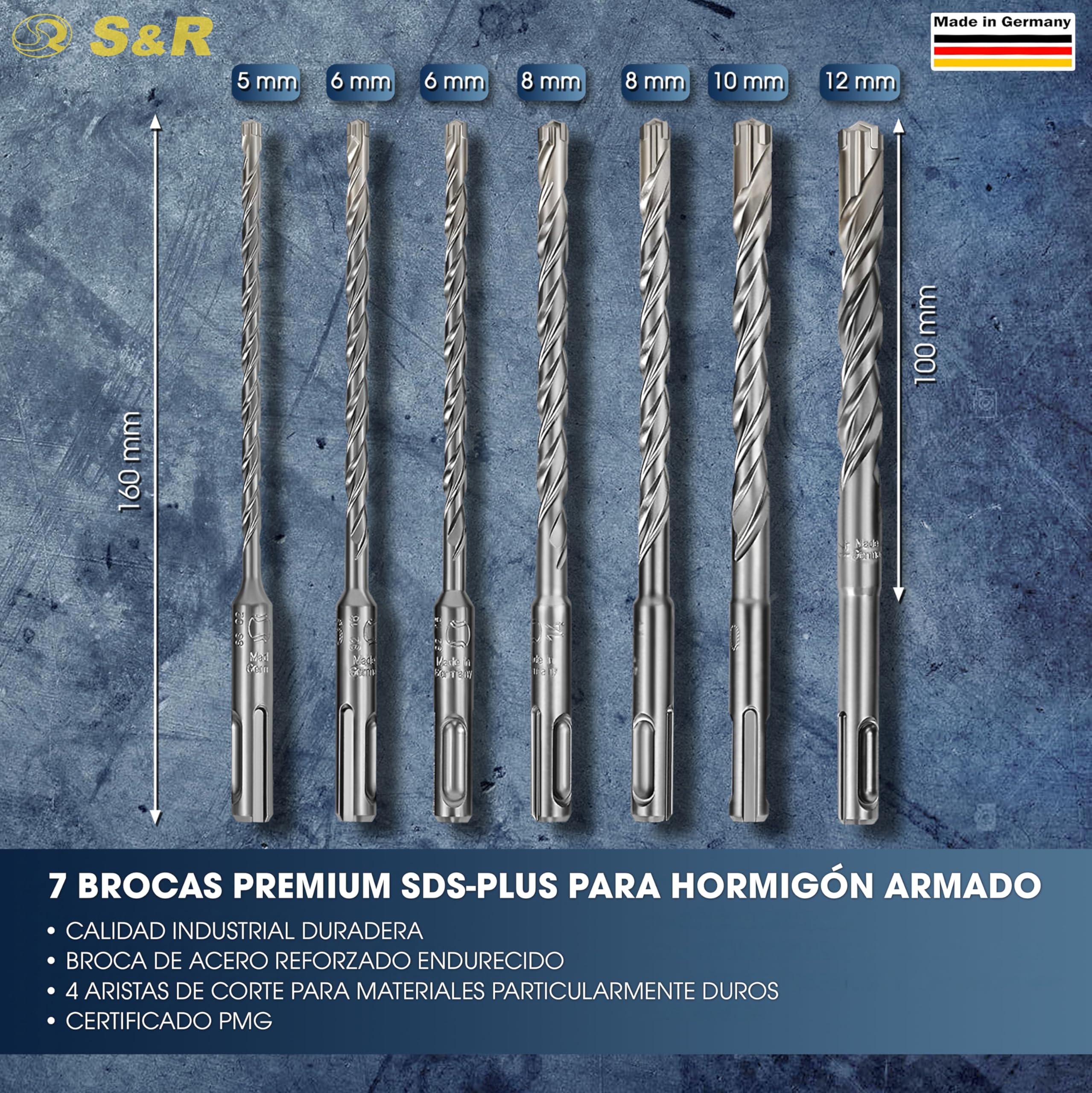 S&R Brocas SDS 4 ECO PLUS (4 Cortadores) Juego de 7 Brocas Pared, Hormigón | Renforzado Made in Germany 5/6/8/10 mm x 10 e 16 cm Calidad Profesional