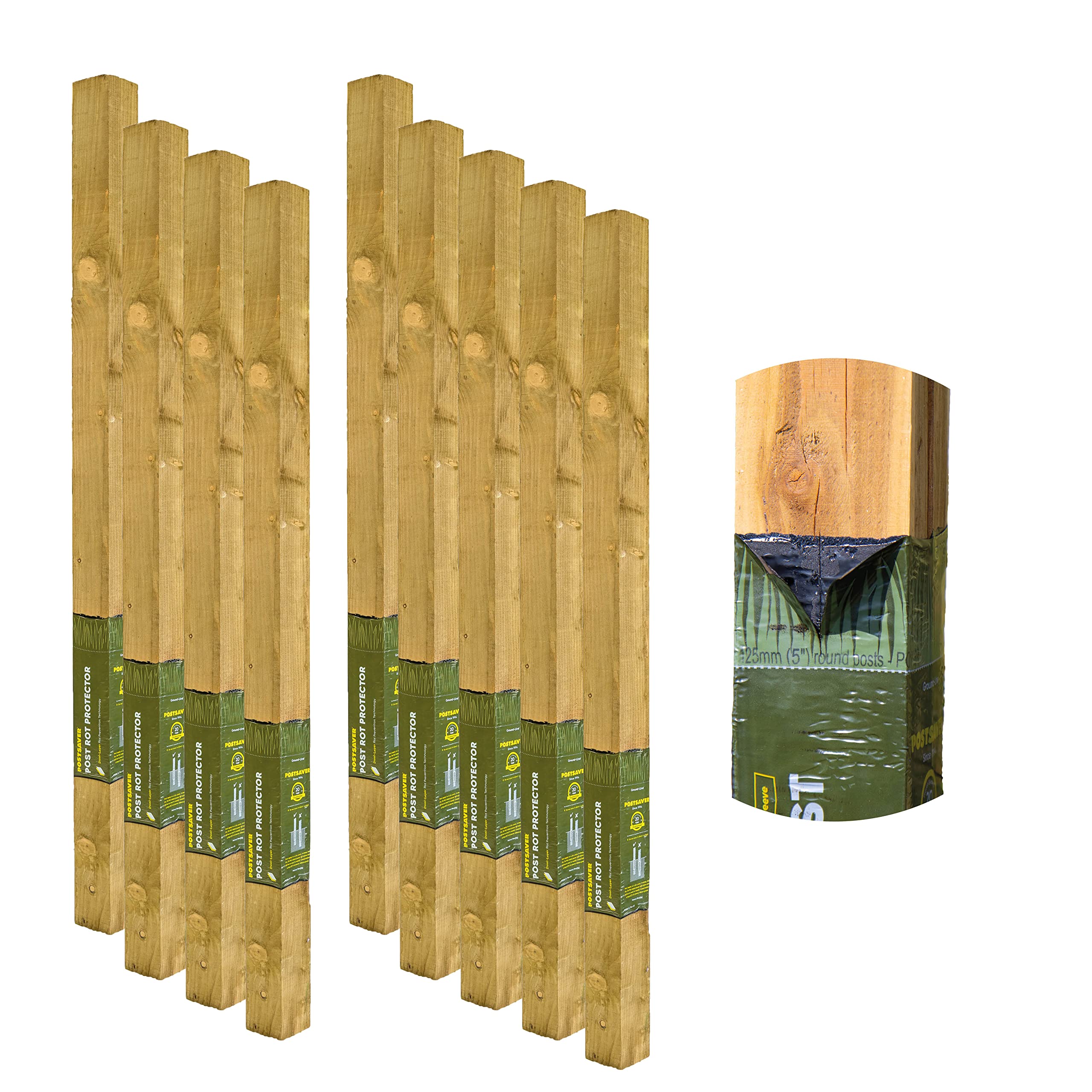 Postsaver Rot Protected Wood Fence Post 3x3" | Pressure-Treated Timber Post for Gardening | Decay-Protected with Postsaver Dual-Layer Rot Protector | 20-Year Guarantee | Pack of 9 | 6 Ft. Long