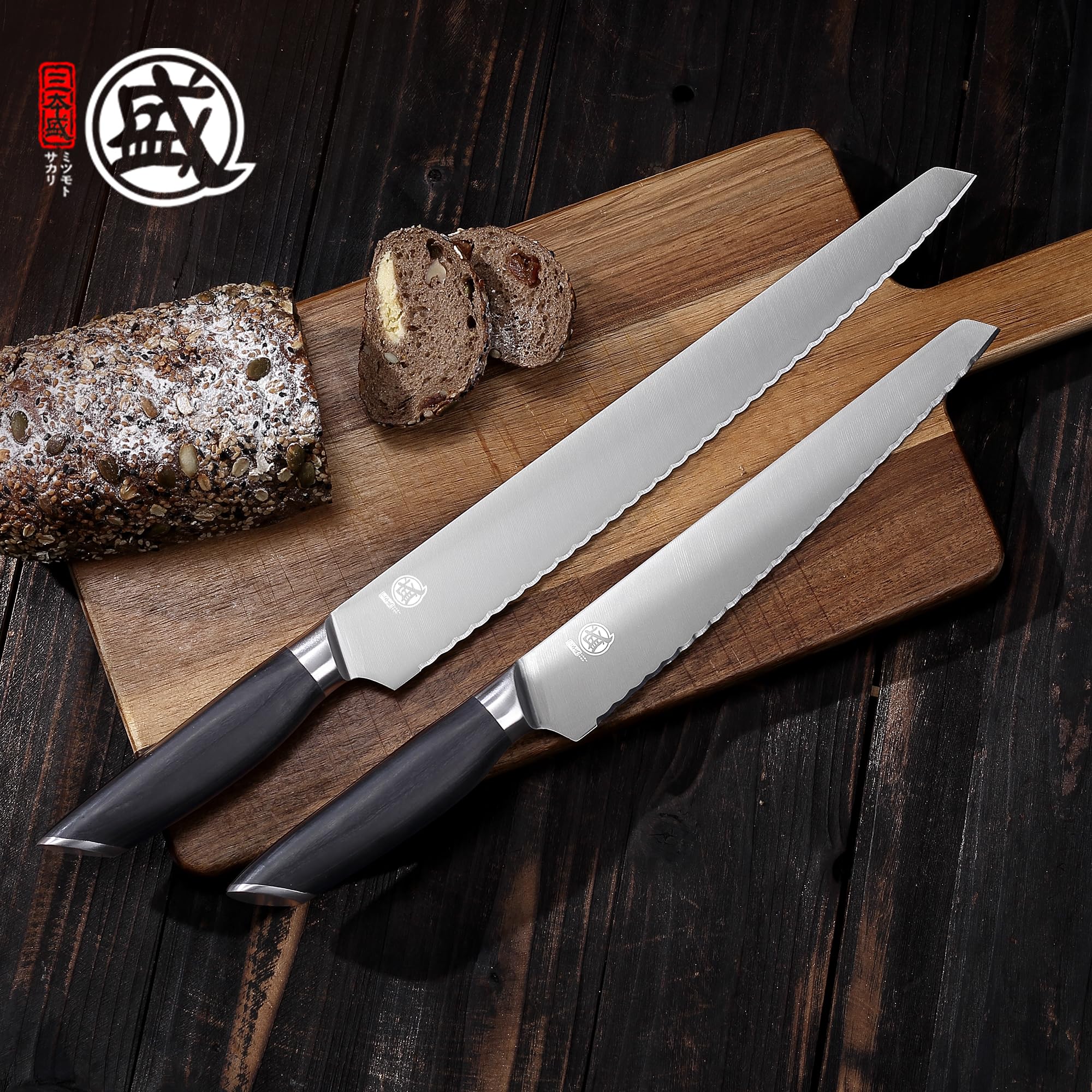 MITSUMOTO SAKARI 30 cm Doppelschneidiges Edelstahl Brotmesser | Extrem Scharfer Japanischer Professioneller Wellenschliffmesser, Geeignet Für Brot, Bagels Und Kuchen , Pakkawood Griff