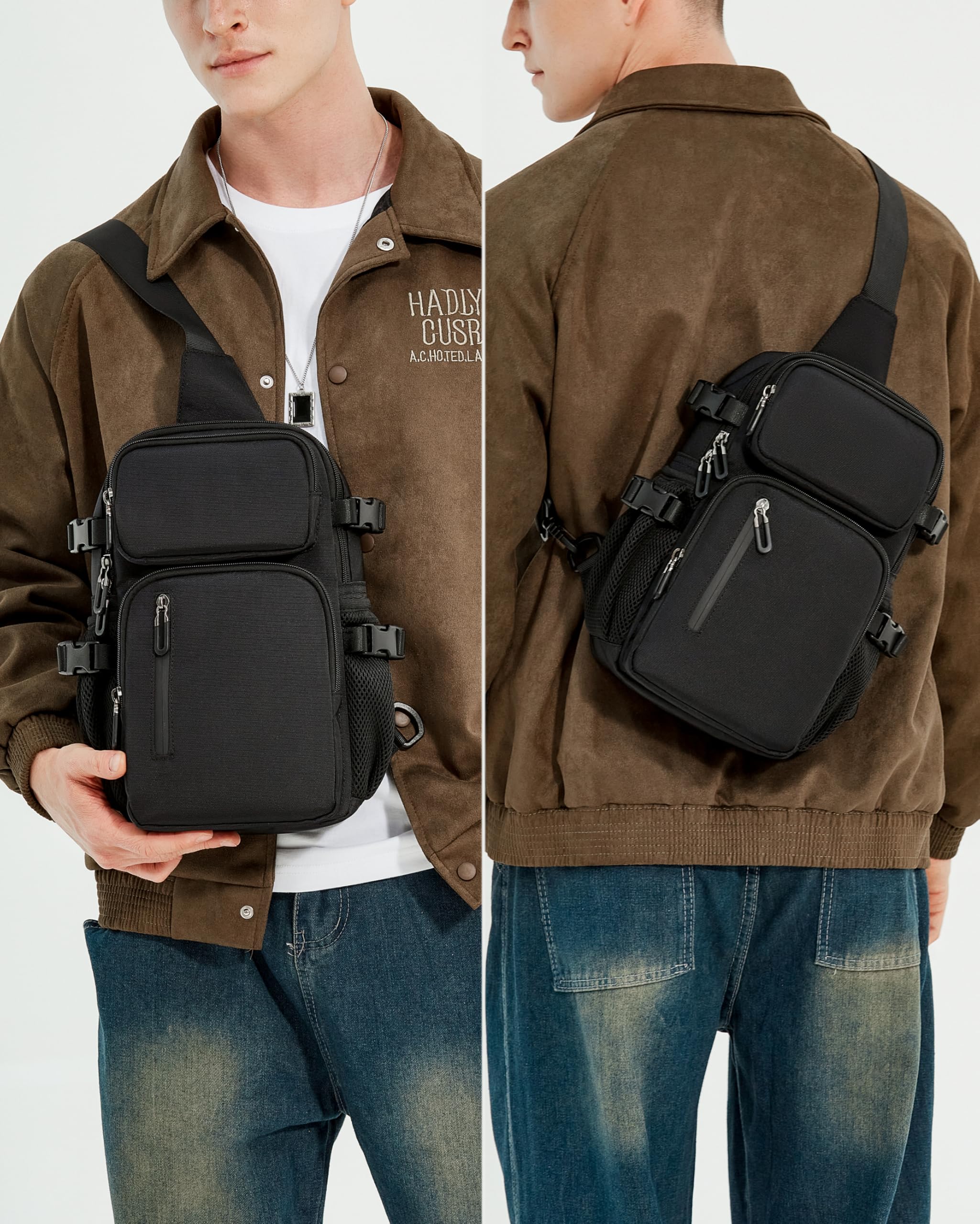 Zaino Monospalla sportivo da Uomo, Zainetto a Tracolla in nylon oxford resistente, Borsello a Petto con Tasca antifurto Crossbody Bag Nero