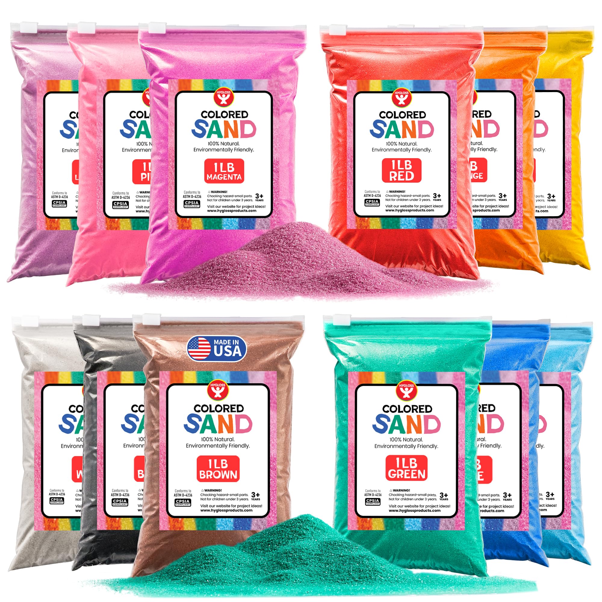 Hygloss Colored Sand for Crafts - 12 Assorted Colors Bags - 1 lb Vibrant Colorful Fine Sensory Play Sand Art Kits for Kids - Classroom Activities for Children 3 4 5 6 7 8 9 10 11 12 - Safe for Ages 3+