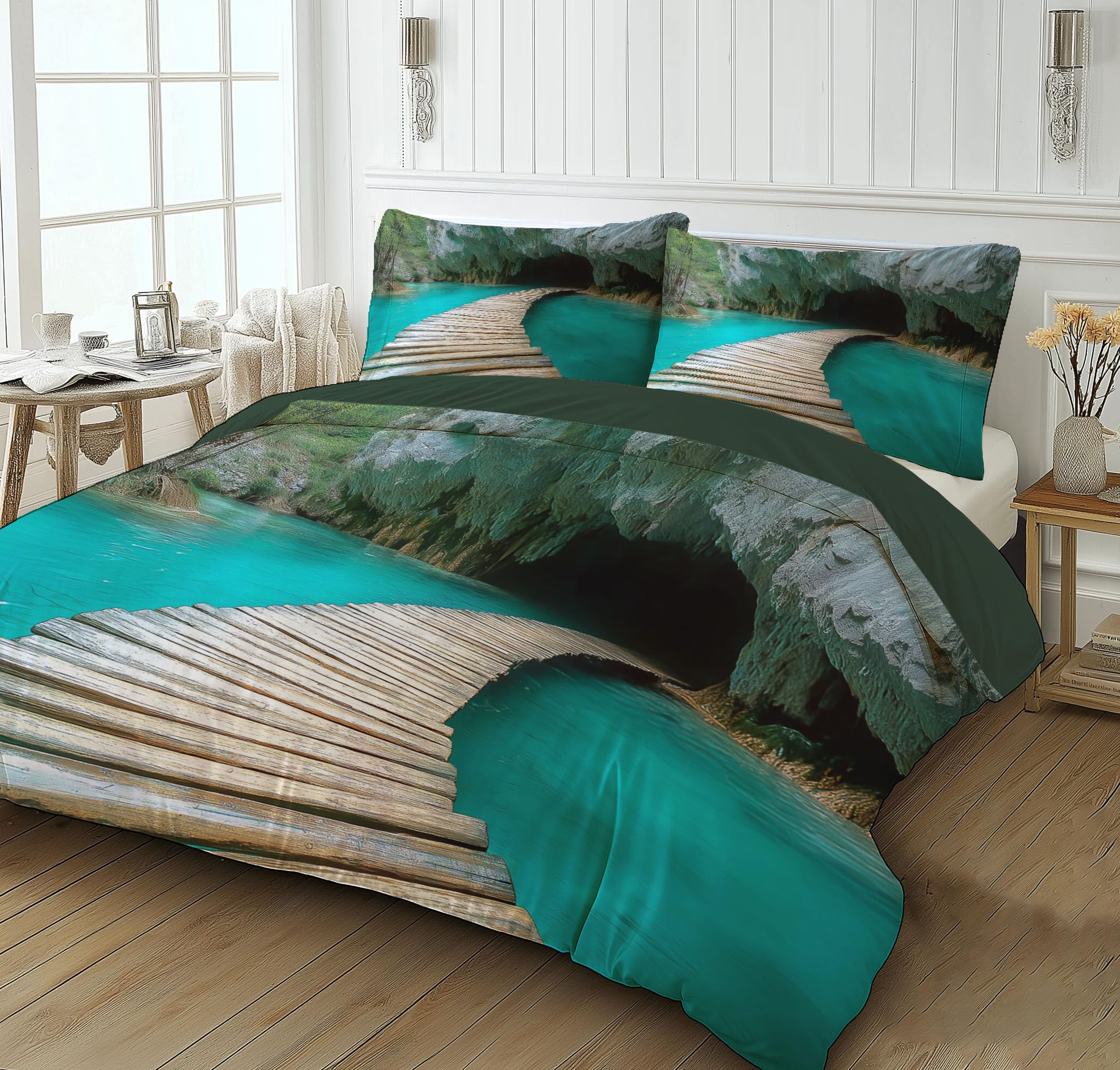 Housse de couette 200x200 microfibre imprimé sentier boisé haute définition pour lit double