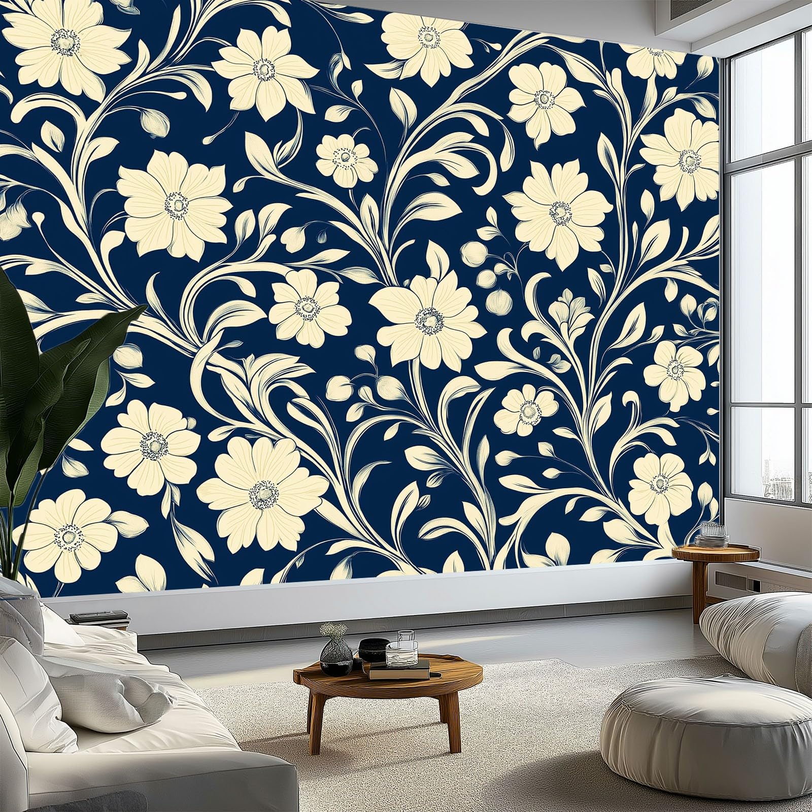 Tapeta ścienna w stylu retro, liście roślin pnących, fototapeta, granatowa, tapeta ścienna, 250 x 175 cm (szer. x wys.), dekoracja ścienna, tapeta ścienna, dekoracja ścienna, tapeta do salonu