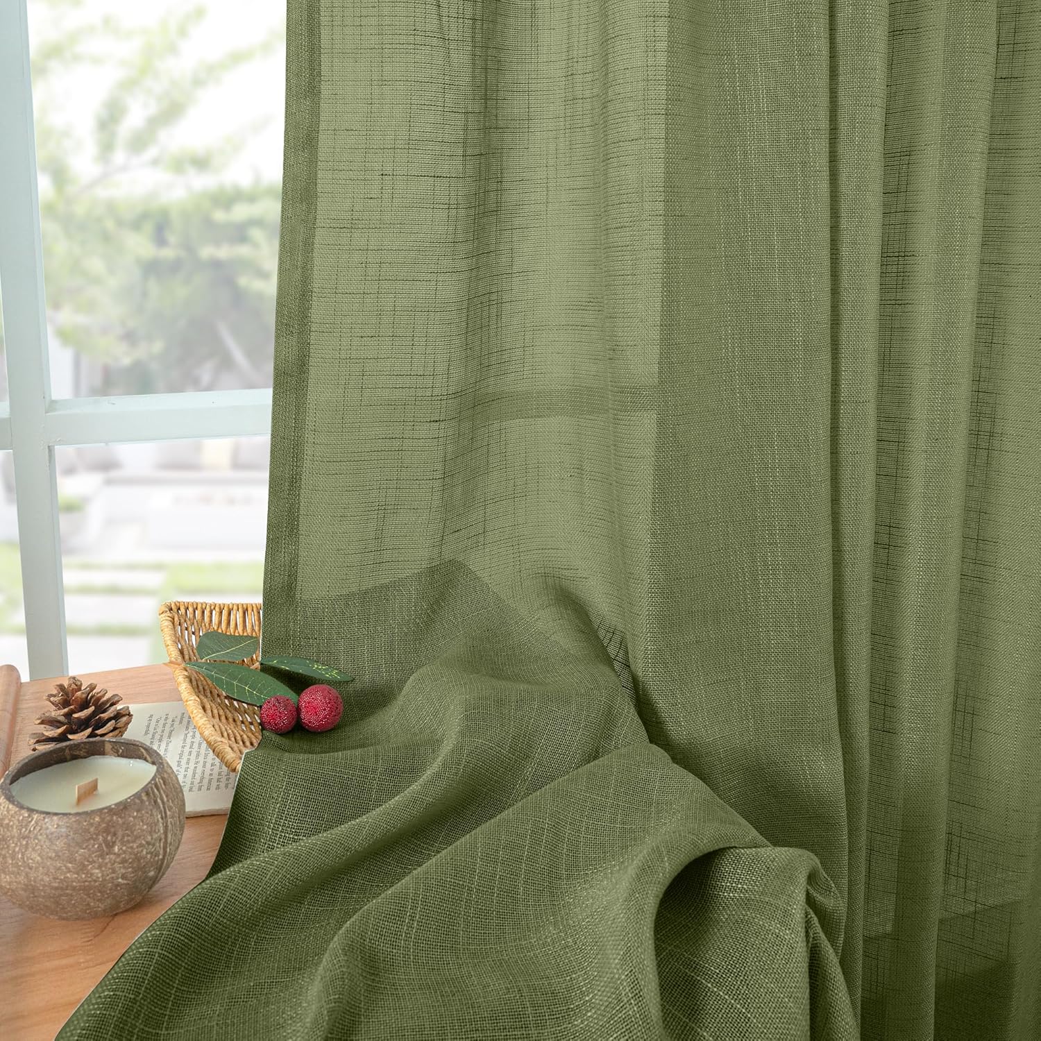 YoungsTex Olive Green Linen Curtains 84 Inch Length - Semi Sheer Drapes Light Filtering with Back Tab Rod Pocket Lightweight for Bedroom Living Room Window, 2 Panels, 52 X 84 Inch