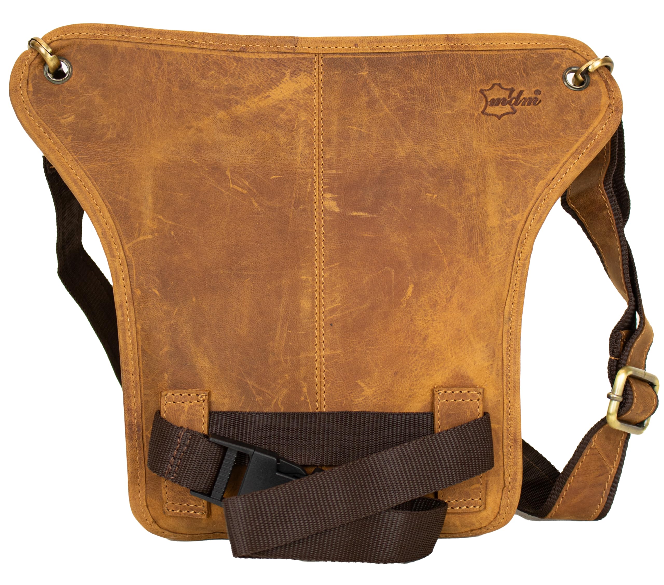 Biker Motorrad Beintasche Hüft-, Gürteltasche mit Wolf-Prägung, Beinbeutel mit Oberschenkel Gurt (Cognac)