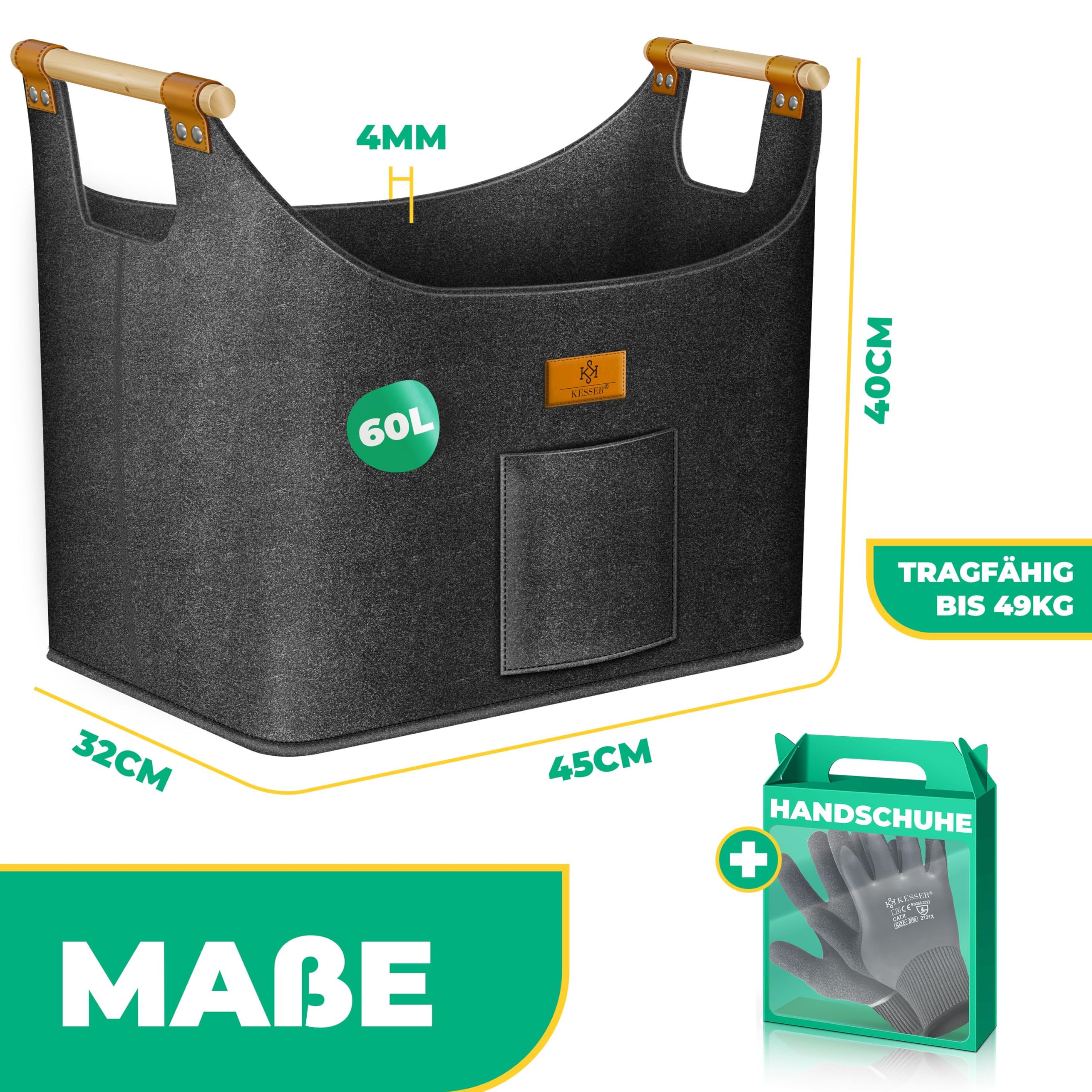 KESSER® Cesta plegable con asas de madera reforzadas, para leña de 60 litros, bolsa de fieltro extra grueso, almacenamiento periódico o madera