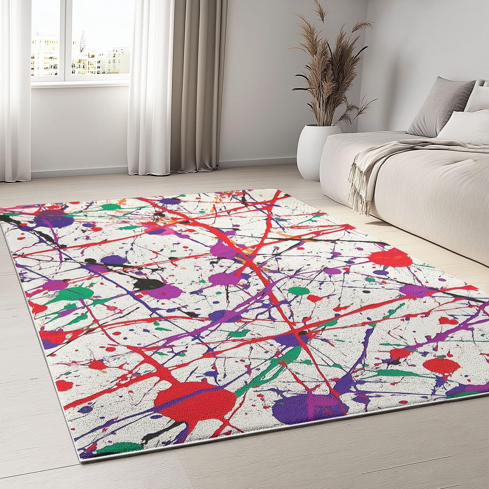 Tapis Salon Doux Poils Courts Motif Graffiti Peinture Colorée