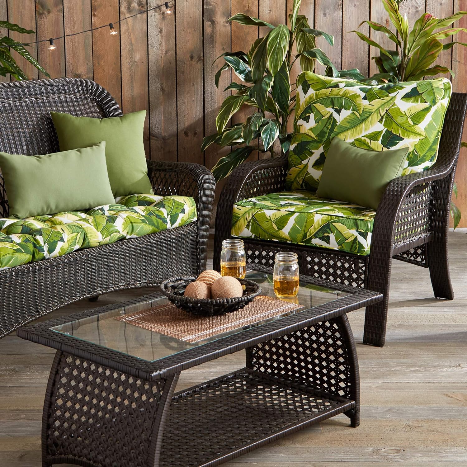 South Pine Porch Palm Leaves White 2-Piece Outdoor Deep Seat Cushion Set