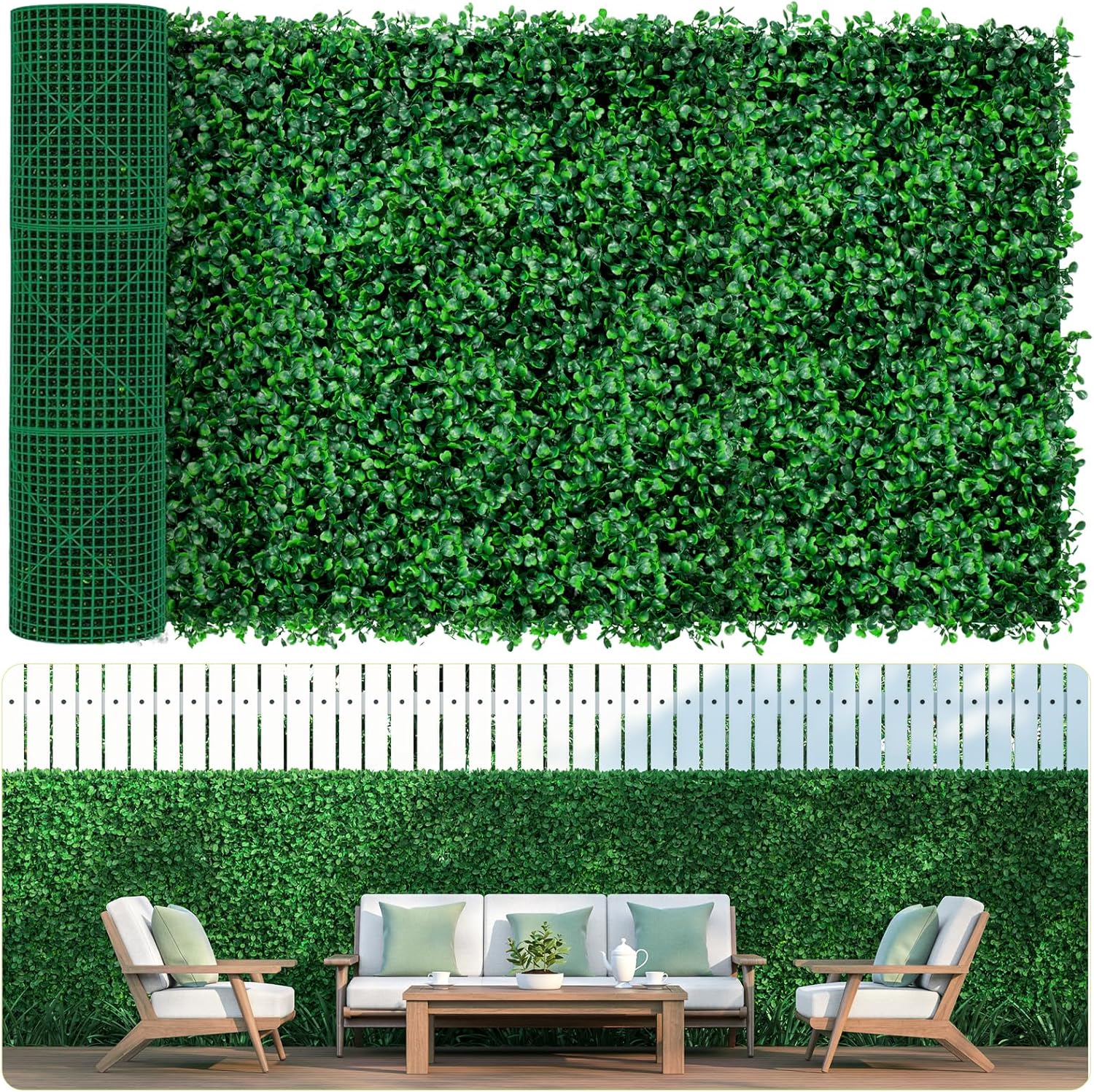 AOKIE 10"X10" Artificial Grass Wall, 24Pcs Boxwood Hedge Wall Panels UV-Anti Grass Backdrop Wall Decor, Greenery Privacy Hedge Screen for Indoor Outdoor Patio Balcony, Party Garden Fence Decor