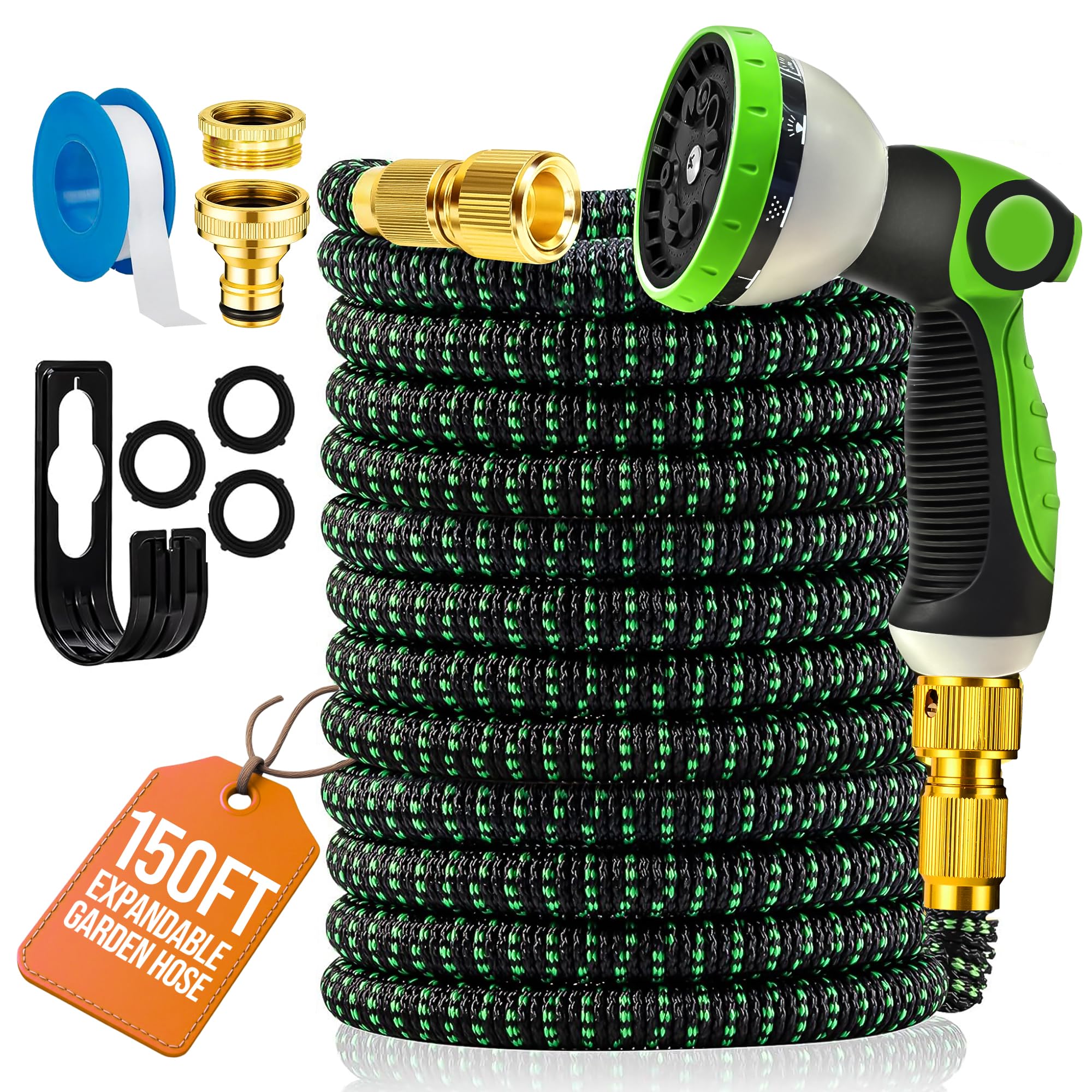 MOSII 150FT Expandable Garden Hose Pipe, Flexible Heavy Duty Water Hose Pipe Extendable with 10-Pattern Spray Nozzle, Brass Fittings, Hosepipes for Garden Car Washing (Green, 150FT/45.5M)