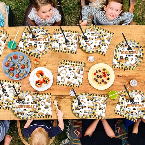 Miniatura 6 de Juego de 100 platos y servilletas para fiesta de cumpleaños de construcción, camión volquete, suministros de decoración de fiesta de cumpleaños,