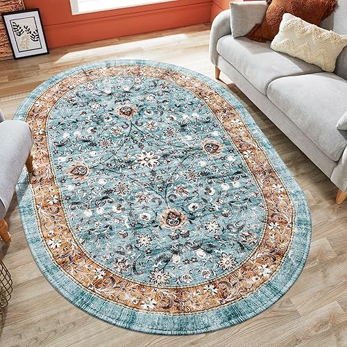Boho Rug 4'x6' Oval Washable Bedroom Rug Non-Slip Large Soft Distressed Vintage Floor Mat Tribal Non-Shedding Print Oriental Throw Carpet for Living Room Dining Dorm Blue