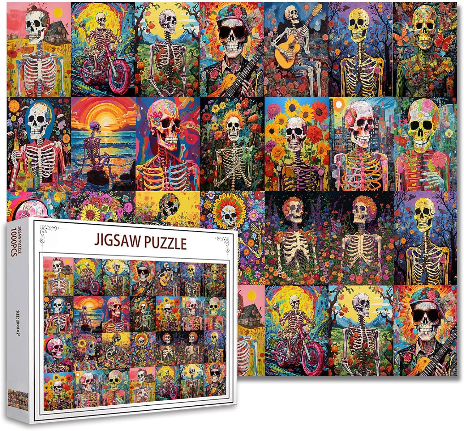 Tucocoo Graffiti Human Skeleton Postage Puzzles for Adults 1000 Pieces,Funny Human Body Skull Puzzles for Adults 1000 Pieces,Day of The Dead Puzzle,Retro Skull Man Collage Jigsaw Puzzles