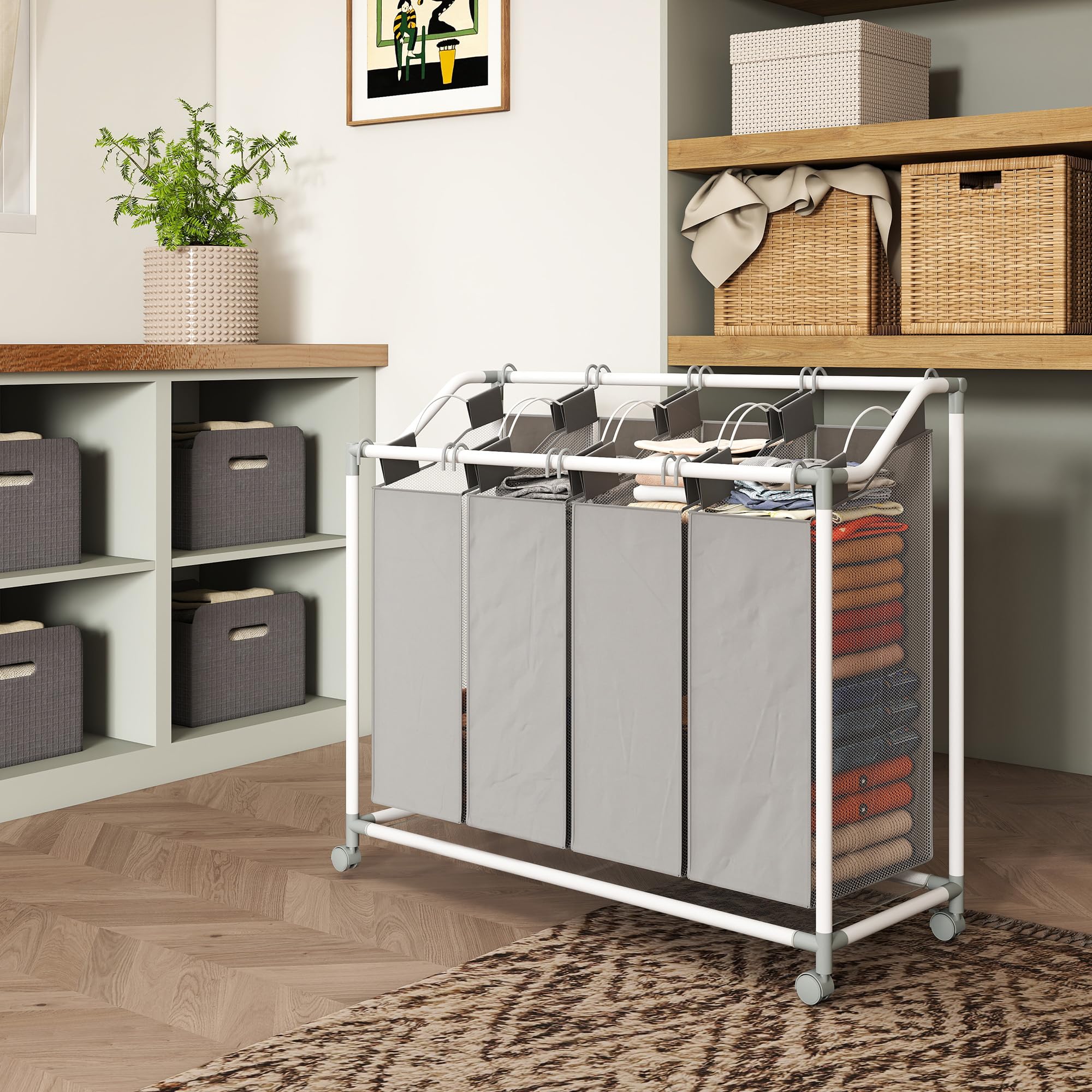 HOMCOM Panier à Linge Mobile 4 Compartiments 4 x 40L Gris | Corbeille à Roulettes, 4 Sacs Amovibles, Chariot Linge Sale, Buanderie, Chambre, Salle de Bain