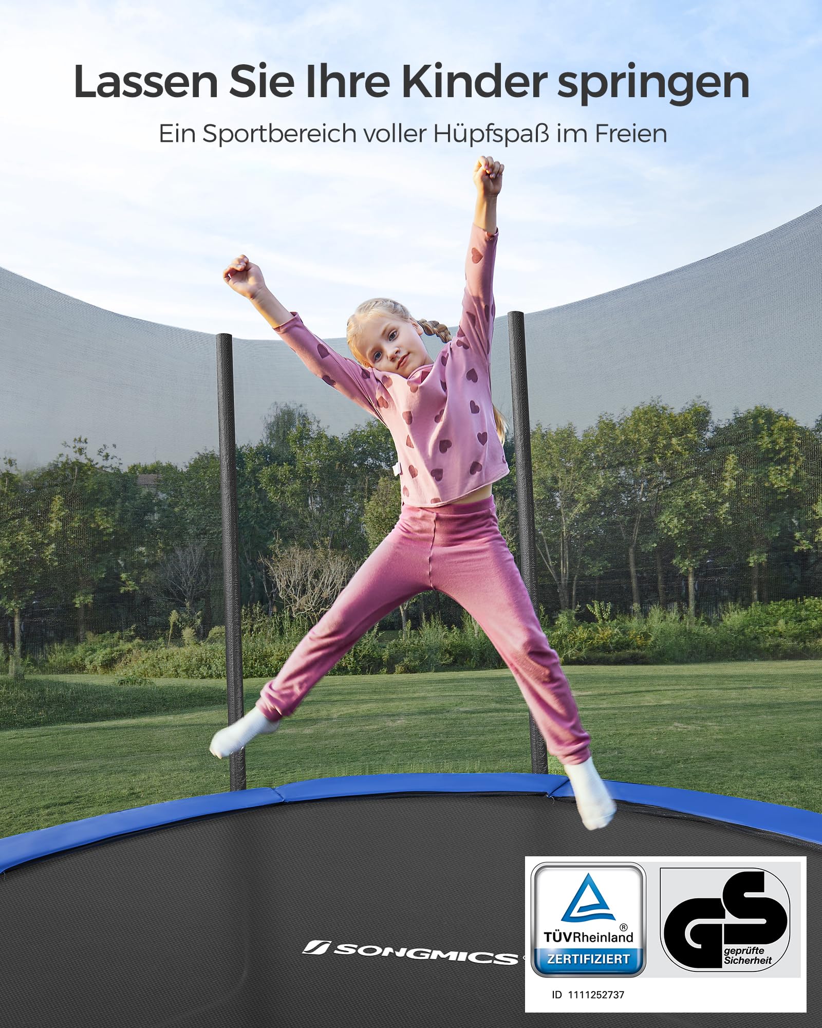 SONGMICS Trampolin Outdoor Ø 183/244/305/366/427 cm, rundes Gartentrampolin Kindertrampolin mit Randabdeckung, mit Sicherheitsnetz, mit Leiter und gepolsterten Stangen