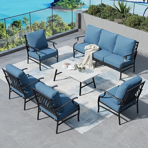 6 Piece Metal Outdoor Patio Furniture Set, Patio Conversation Sets 1 3-Seater Sofa, 4 Fixed Chairs with 5.75" Thick Cushion and Coffee Table, Backyard Furniture Set for Deck, Navy