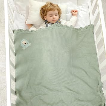 Cotton Cellular Baby Blanket Knitted Soft Lovely Bear Blanket | for Newbron Baby Boy and Girls with Lovely Bear 100 x 80cm sage green