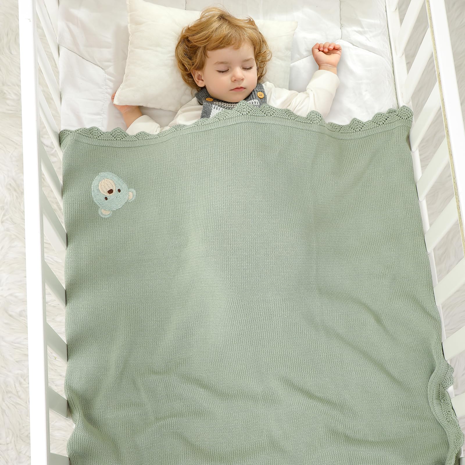 DovFanny Cotton Cellular Baby Blanket Knitted Soft Blanket for Newbron Baby Boy and Girls with Lovely Bear (sage greeen) - Image 2