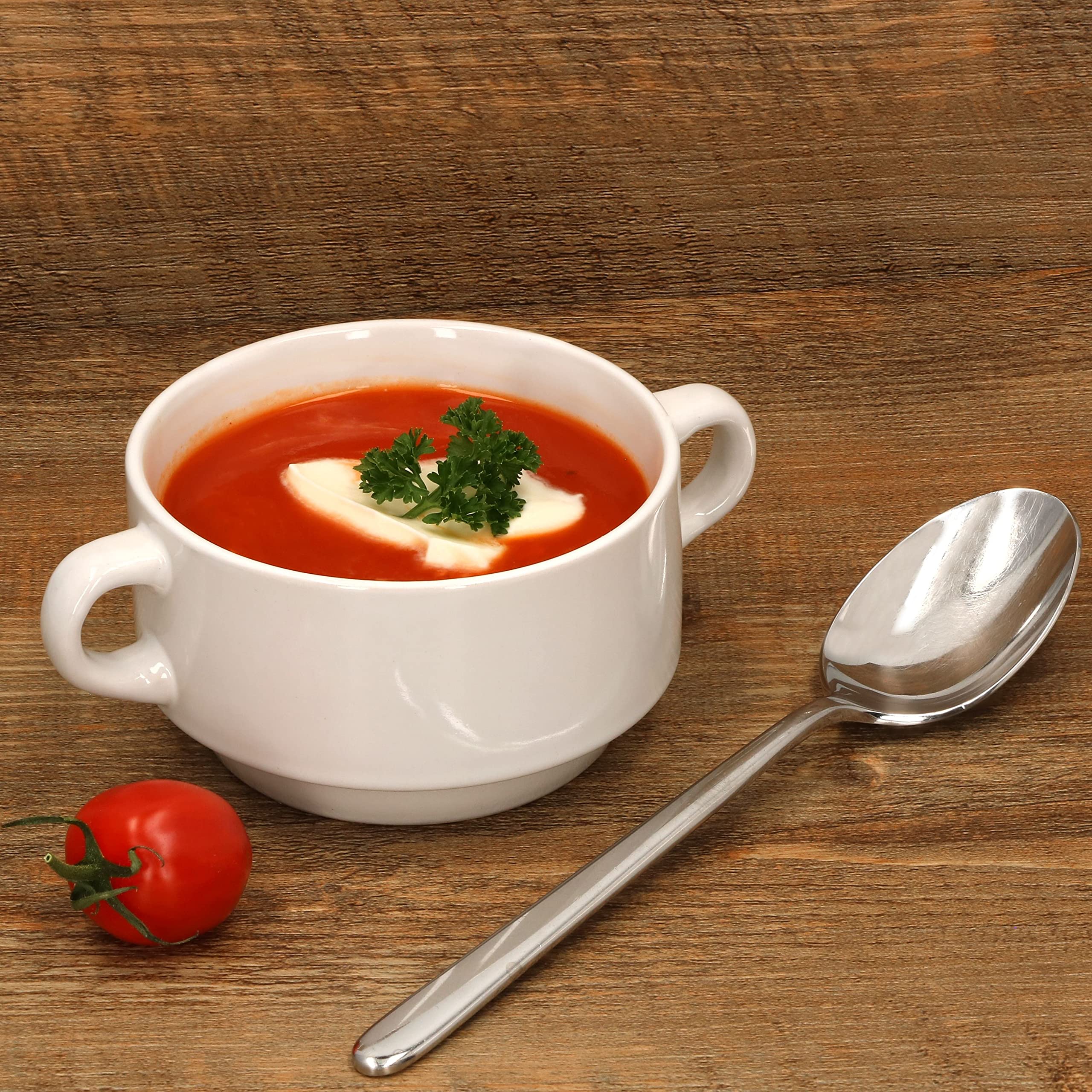 MamboCat 12er Set Stiva Suppenschale 250 ml I Weiß I Für 12 Personen I Suppentasse, Suppenterrine, Soup-Bowl Porzellan-Schale, stapelbar 18x12,5x8,5cm kleine Schüssel Henkel für Eintopf & Suppe