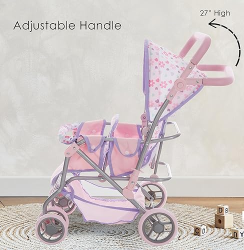 Miniatura 3 de Cochecito doble de muñeca de bebé, carrito de juguete para niñas, niños y niños pequeños de 27 pulgadas de alto, ruedas giratorias, cesta de