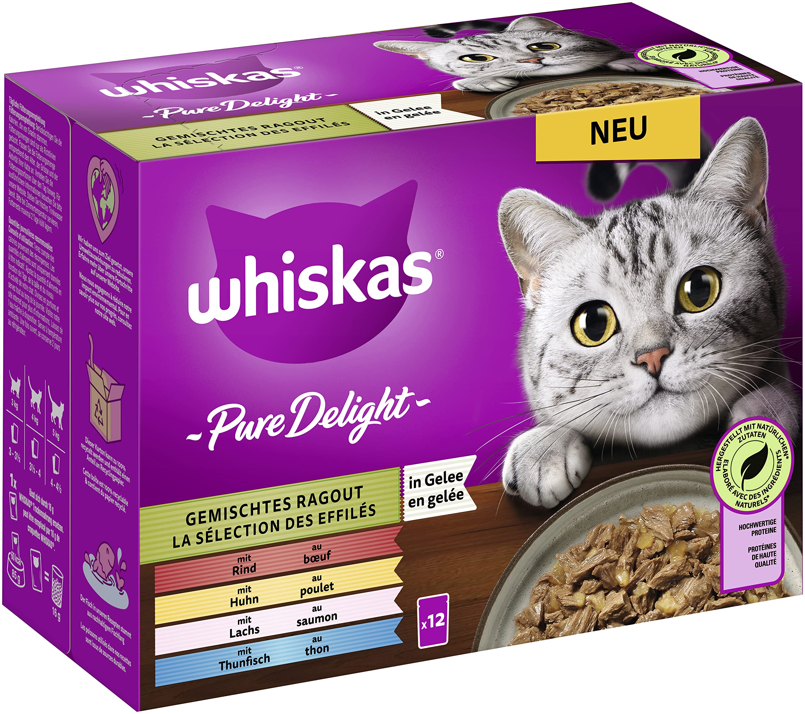 Whiskas 1+ Comida para Gatos Pure Delight, selección Mixta en gelatina, 12 x 85 g (1 Paquete) – Comida húmeda Gatos Adultos en 12 Bolsas de porciones