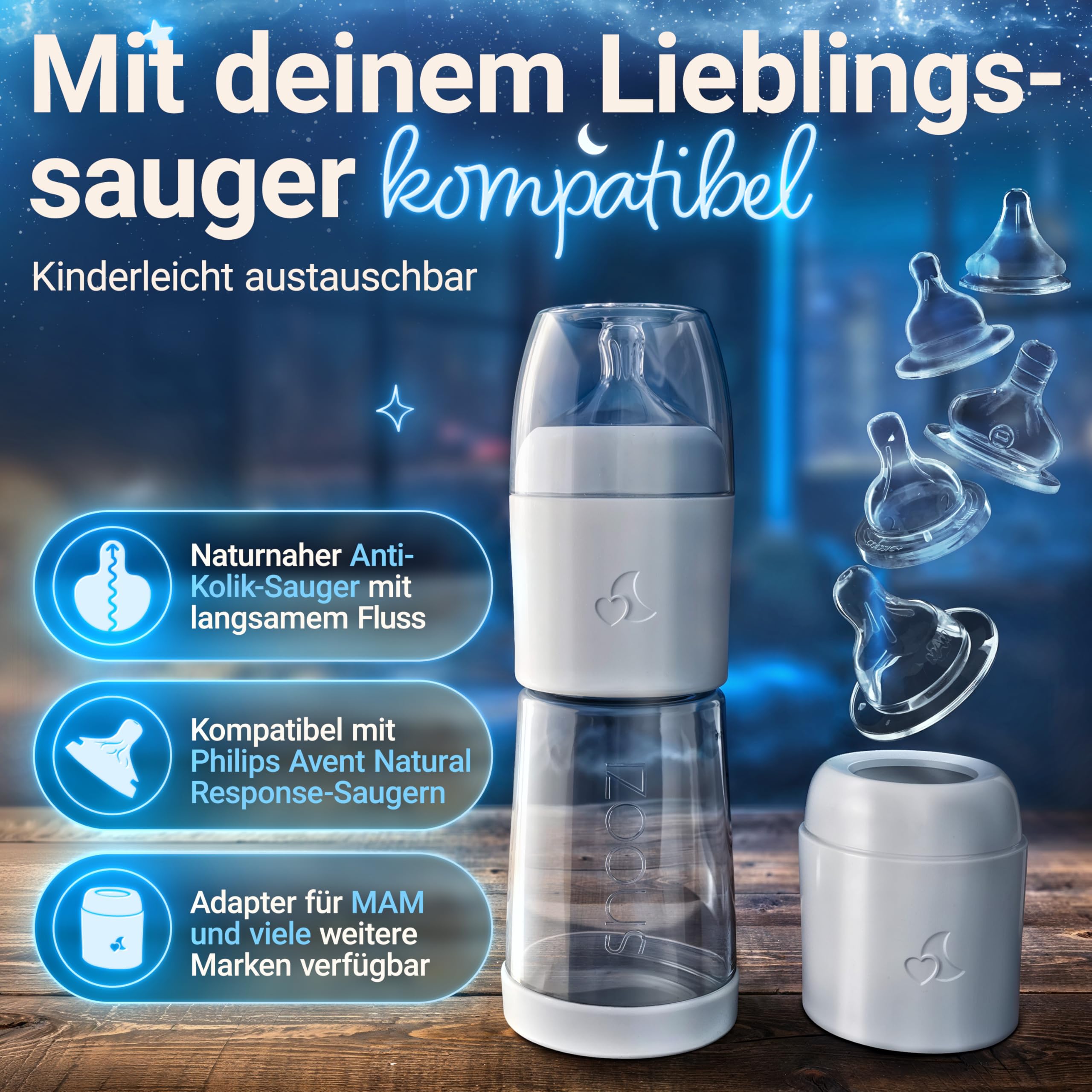 SNOOZI 2er-Set – Baby Nachtflasche mit Flaschenwärmer (2 Flaschen pro Nacht) Babyflasche mit integriertem Milchpulver-Behälter in der Flasche