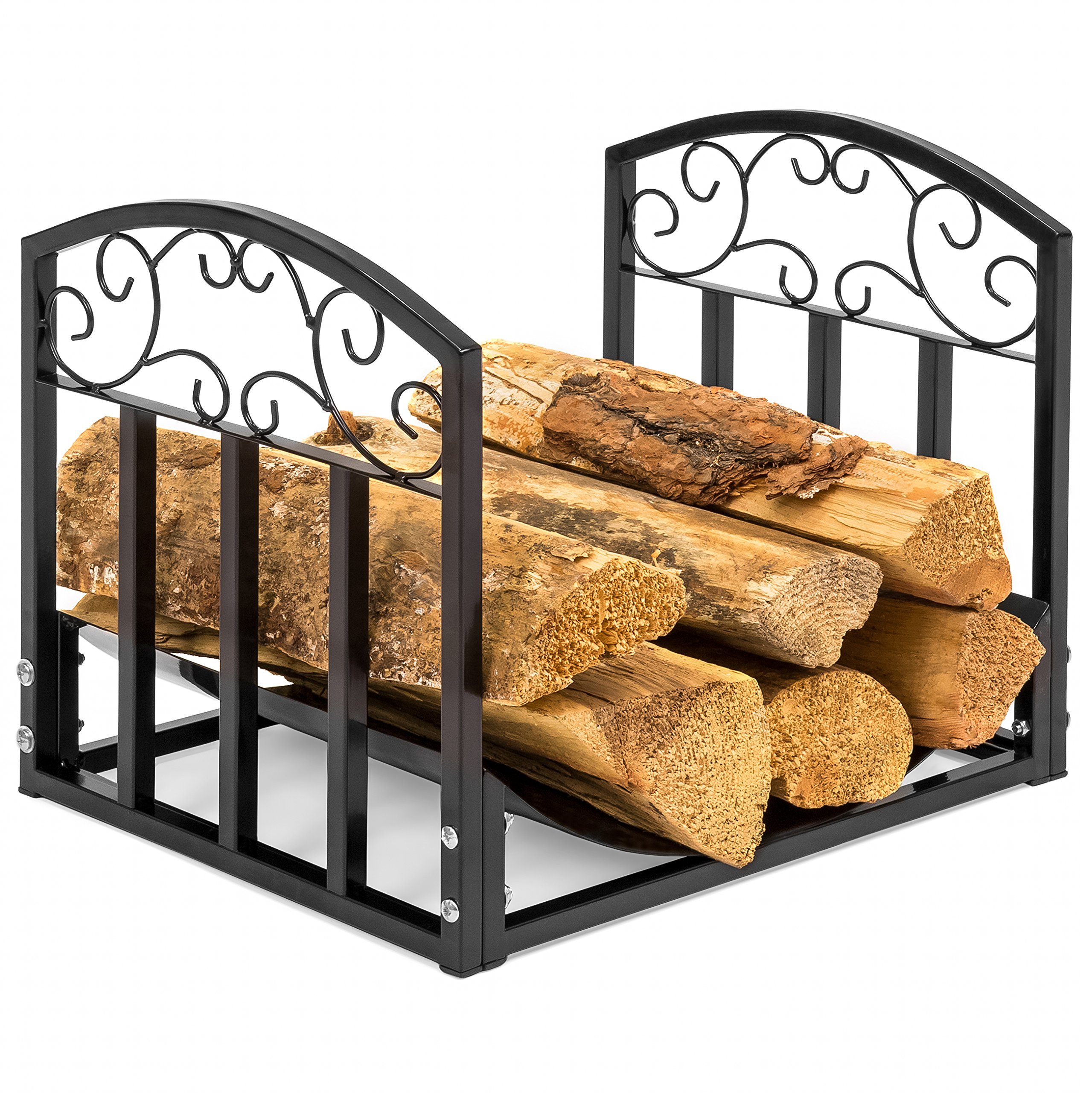 Best Choice Products Indoor Wrought Iron Firewood Fireplace Log Rack Holder Hearth Storage Tray w/Scroll Design, Black