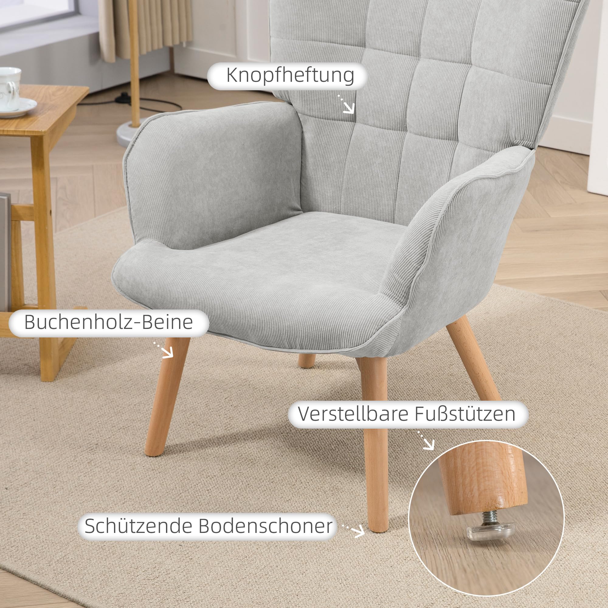 HOMCOM Ohrensessel mit Hocker Sessel Loungesessel mit Cord-Optik, Modern Relaxsessel, Armlehnensessel Lesesessel für Wohnzimmer, Schlafzimmer, Grau