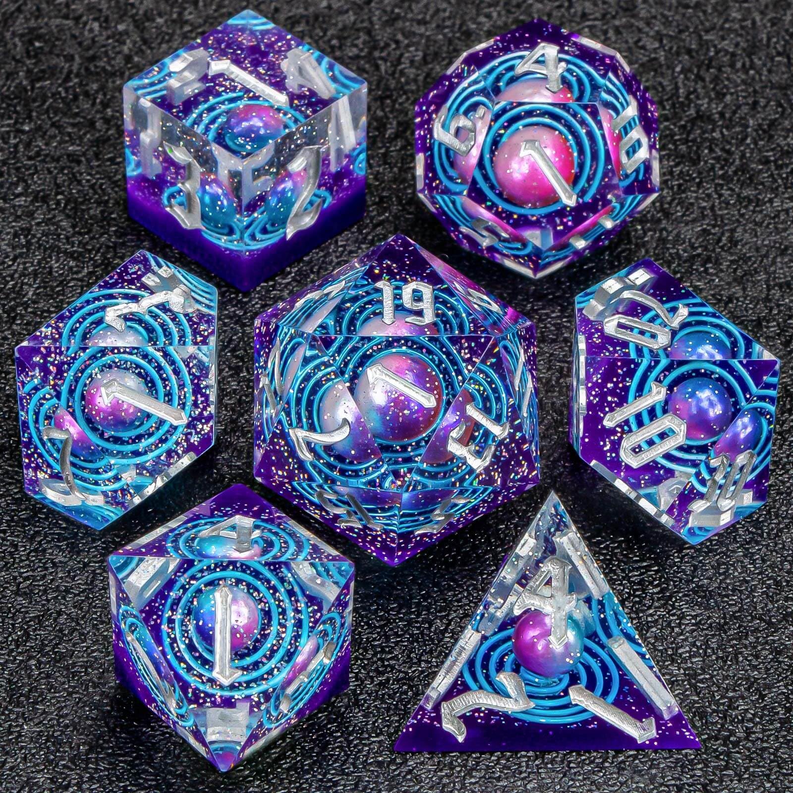 KERWELLSIGalaxy Resin DND Dice Set with Box, 7Pcs Polyhedral Sharp Edge Dungeons and Dragons D&D Dice, Purple D and D RPG Role Playing Dice D20 D12 D10 D8 D6 D4