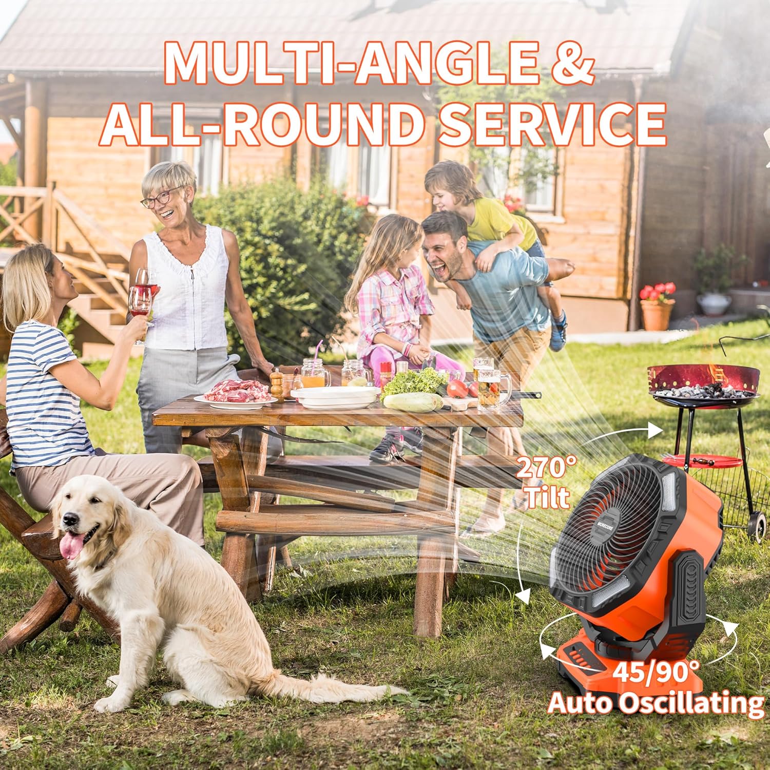 MORECORE 68HRS Running Camping Fan with Light, 20000mAh Battery Rechargeable, Powerful 4 Speeds & Auto Oscillating, with Timer & Hook, for Travel Tent RV Emergency Hurricane Jobsite Garage-Orange - Image 4