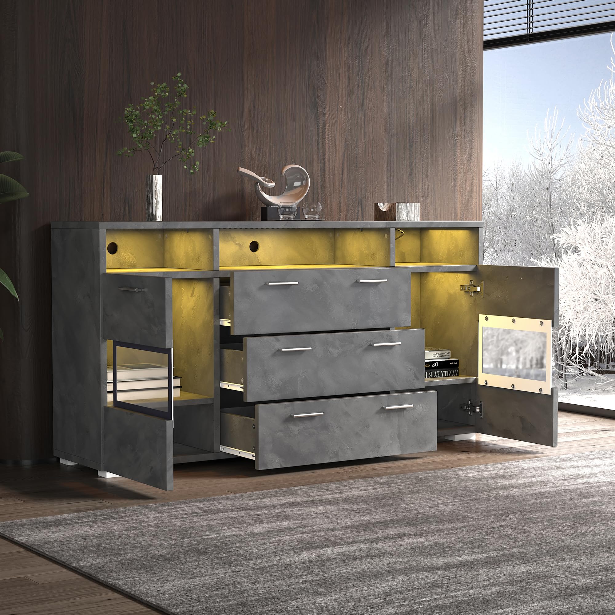 Merax Sideboard mit LED-Beleuchtung, Modernes Kommode mit 2 Türen, 3 Schubladen, offener Stauraum, Mehrzweckschrank mit transparenten Acryltüren, Standschrank Flurschrank für Wohnzimmer, 140cm, Grau